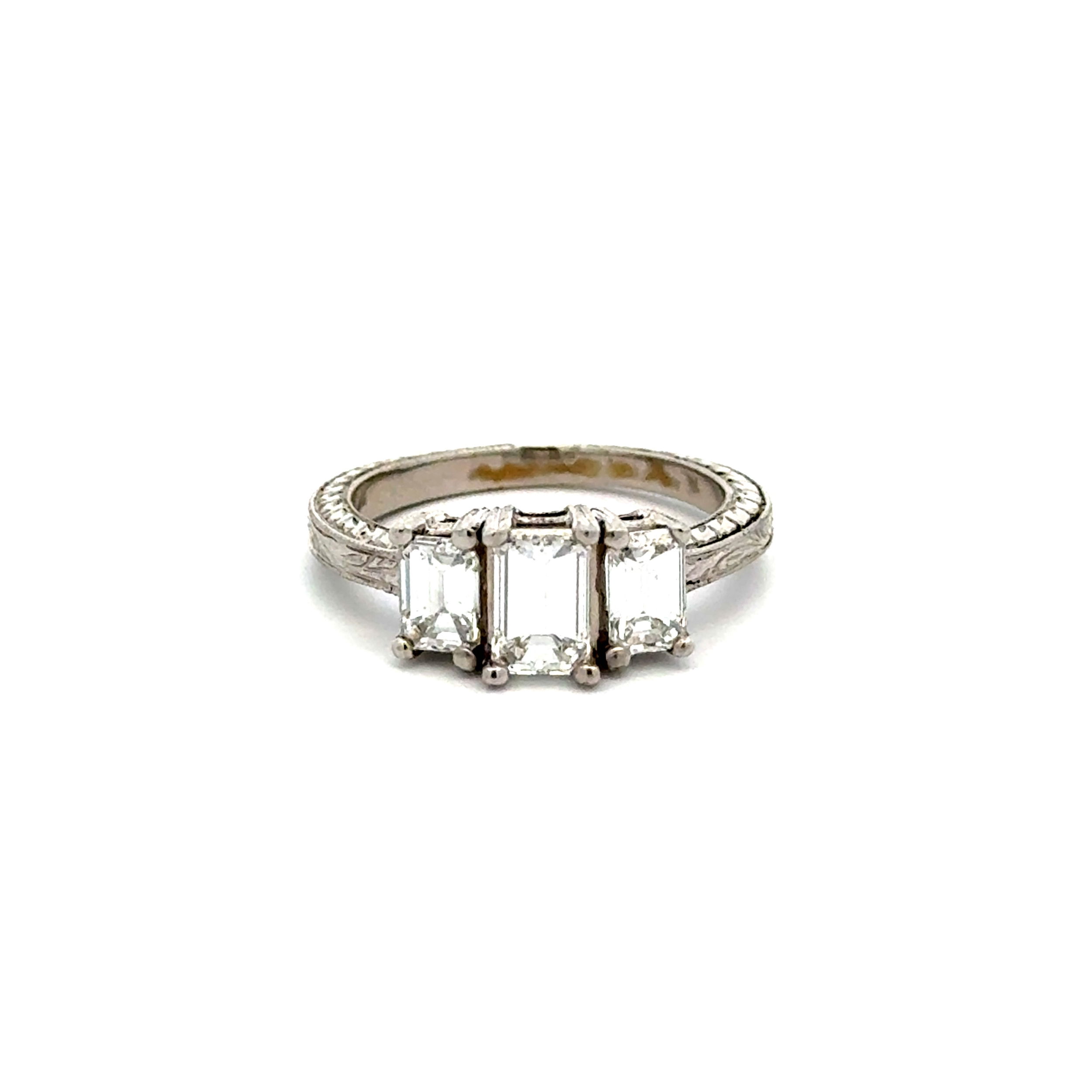 Platinum 3 Stone .74ct Emerald Cut & .81tcw Emerald Diamond Engraved Ring 6.3g, s5.75