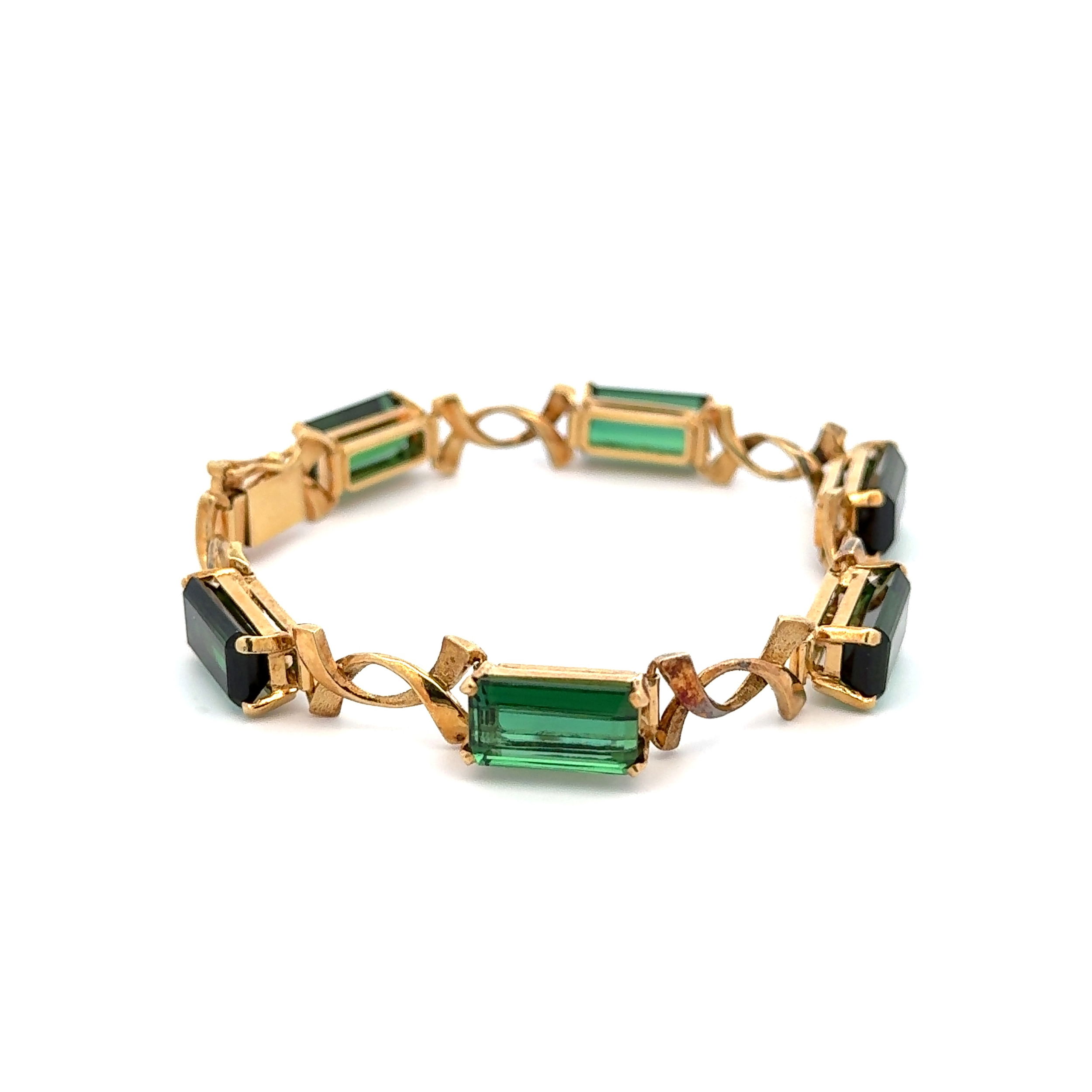 18K YG 18.00tcw Gorgeous Emerald Cut Green Tourmaline X Link Bracelet 24.3g, 7.5"