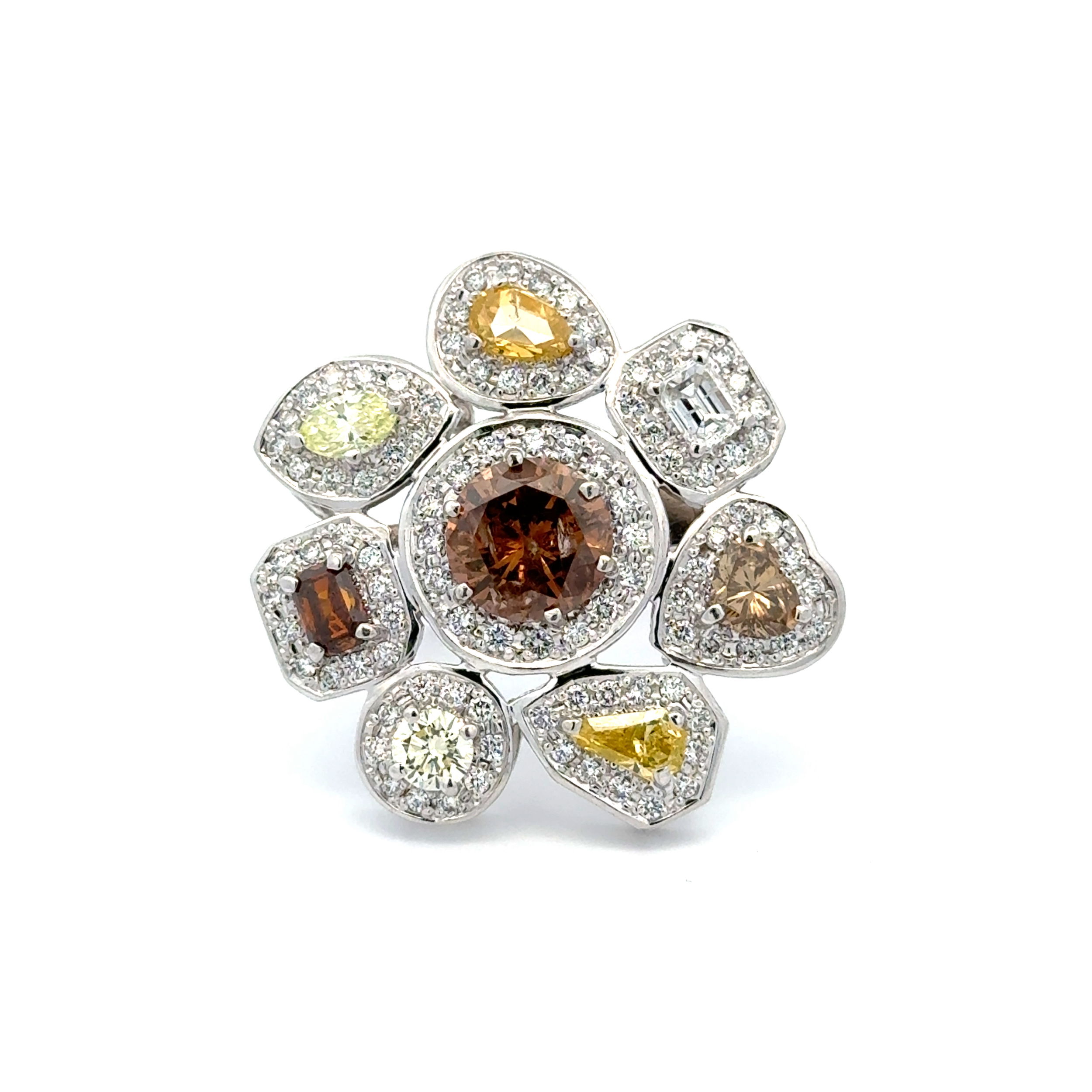 Platinum & 14K WG 2.76ct Brown Diamond & 4.30tcw Fancy & White Color Diamond Cluster Ring 18.2g, s7.25