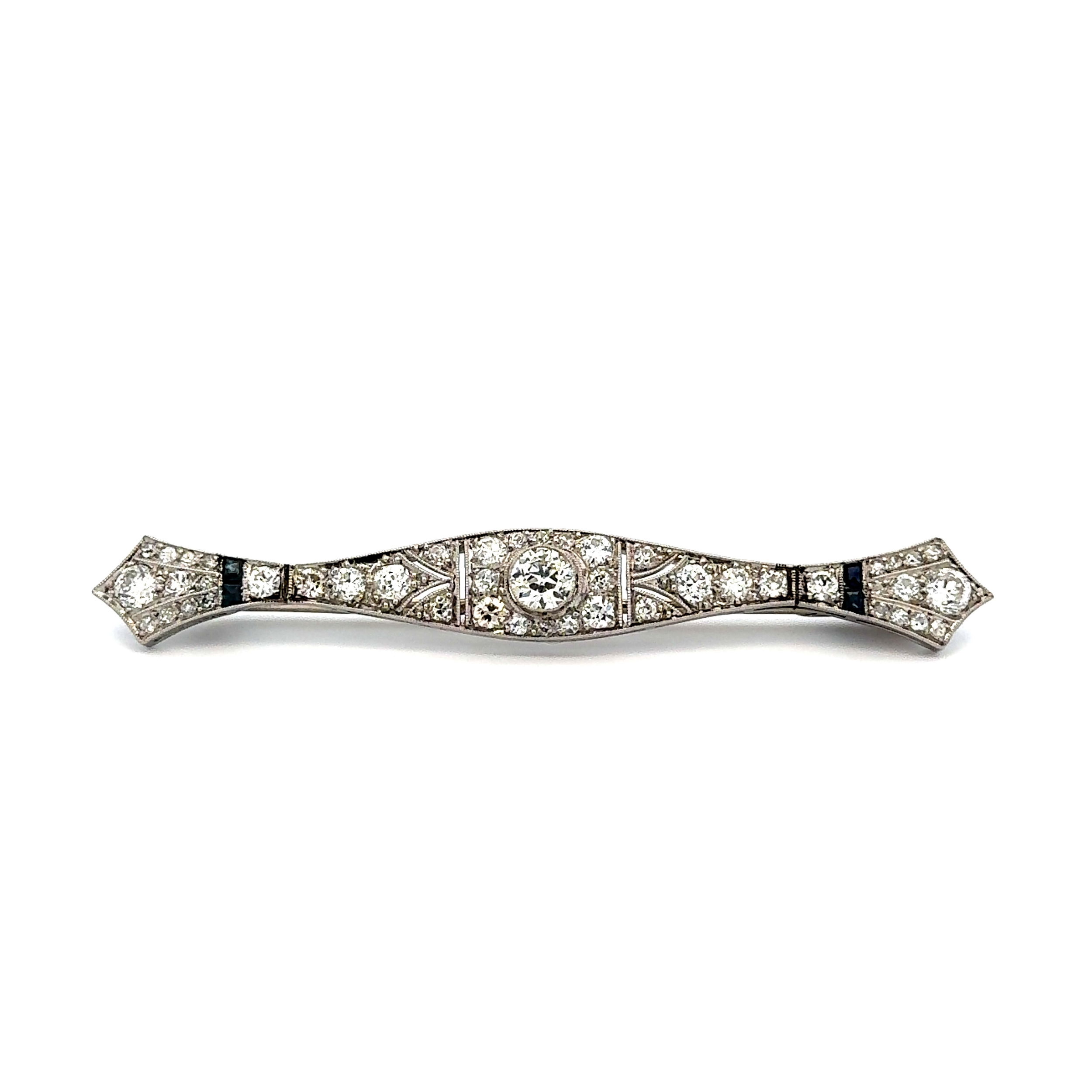 Platinum Art Deco .40ct OEC Diamond, Syn Sapphire & 1.50tcw Diamond Bow Brooch 7.0g, 2.70"