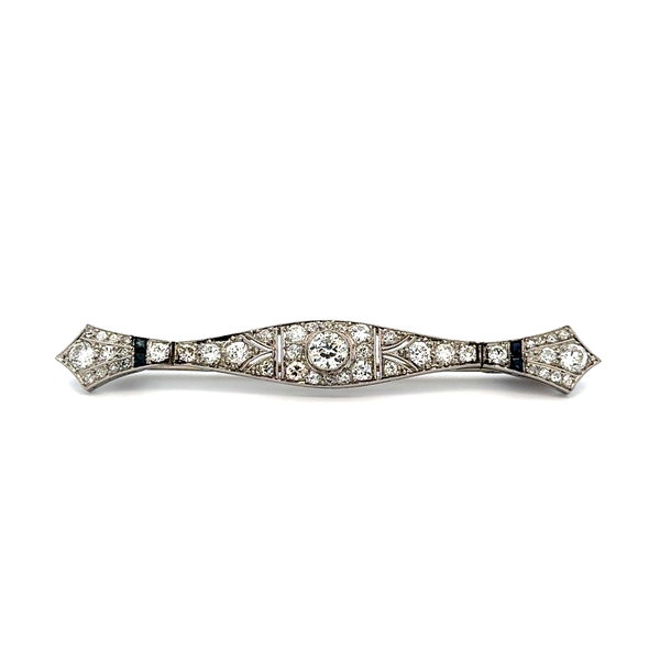 Closeup photo of Platinum Art Deco .40ct OEC Diamond, Syn Sapphire & 1.50tcw Diamond Bow Brooch 7.0g, 2.70"