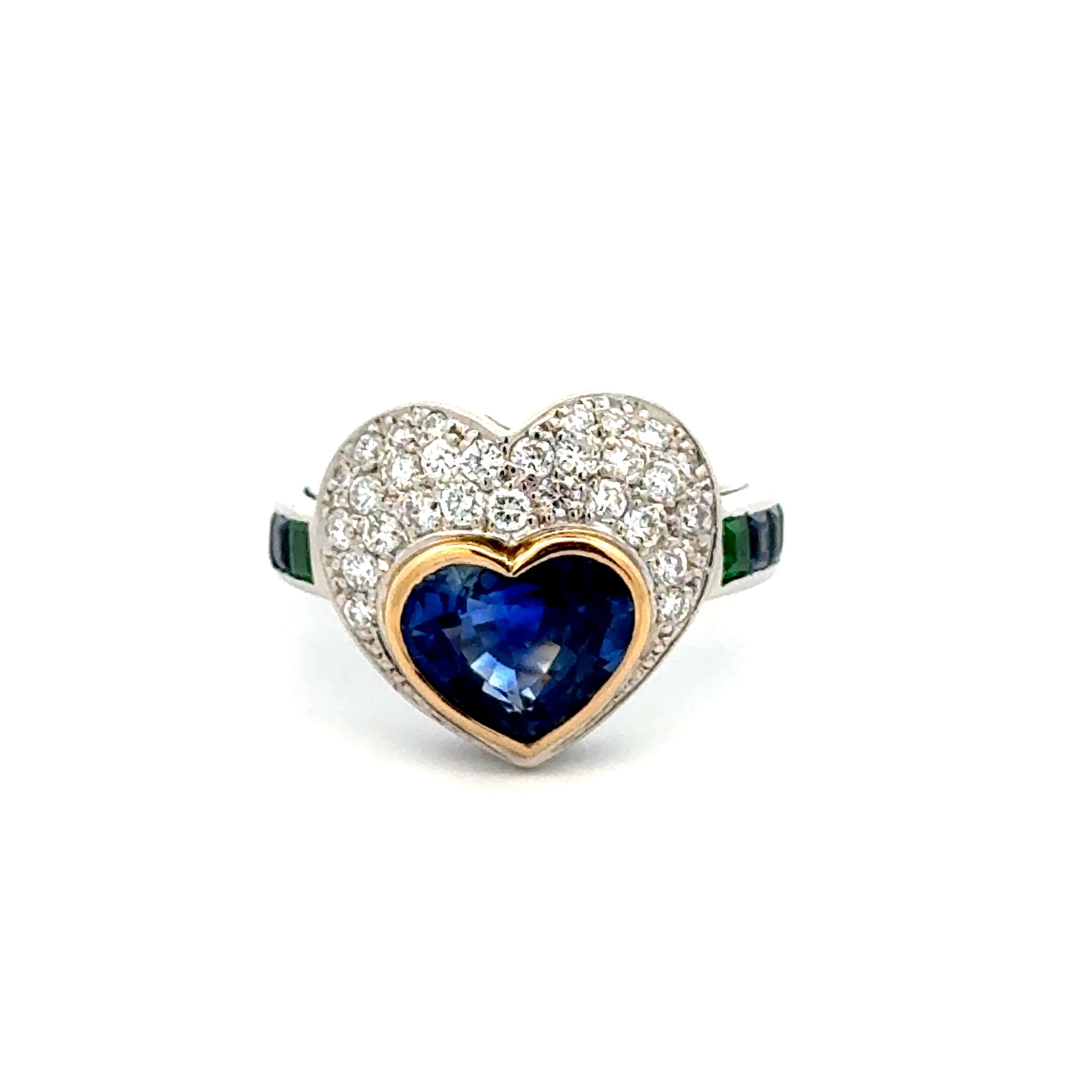 Platinum & 18K 2.60ct Heart Sapphire, .44tcw Diamond, .17tcw Emerald & .81tcw Sapphire Ring 8.3g, s4.75