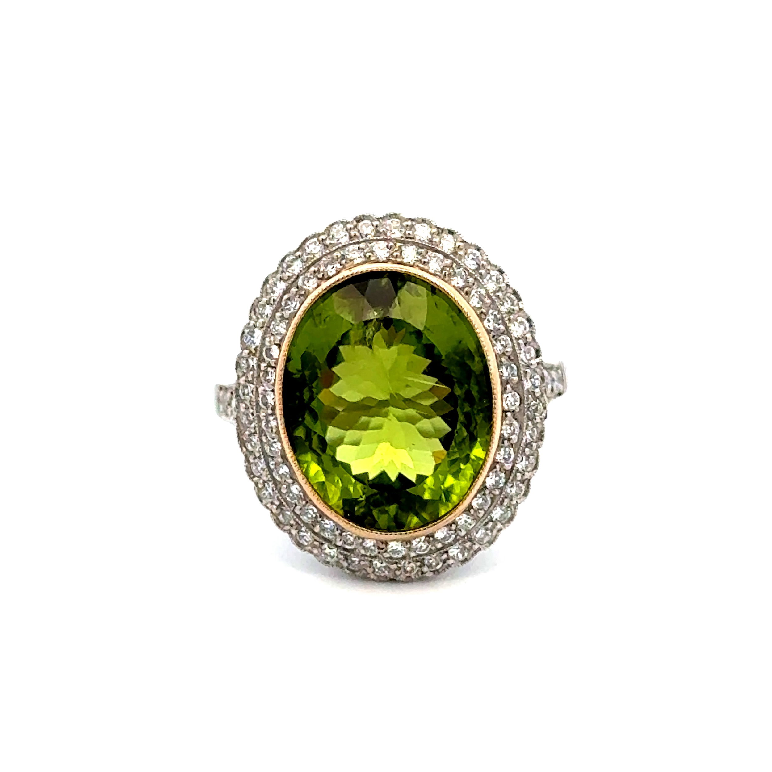 Platinum Filigree 14.48ct Oval Peridot & .60tcw OEC Diamond Double Halo Ring 8.6g, s7.25