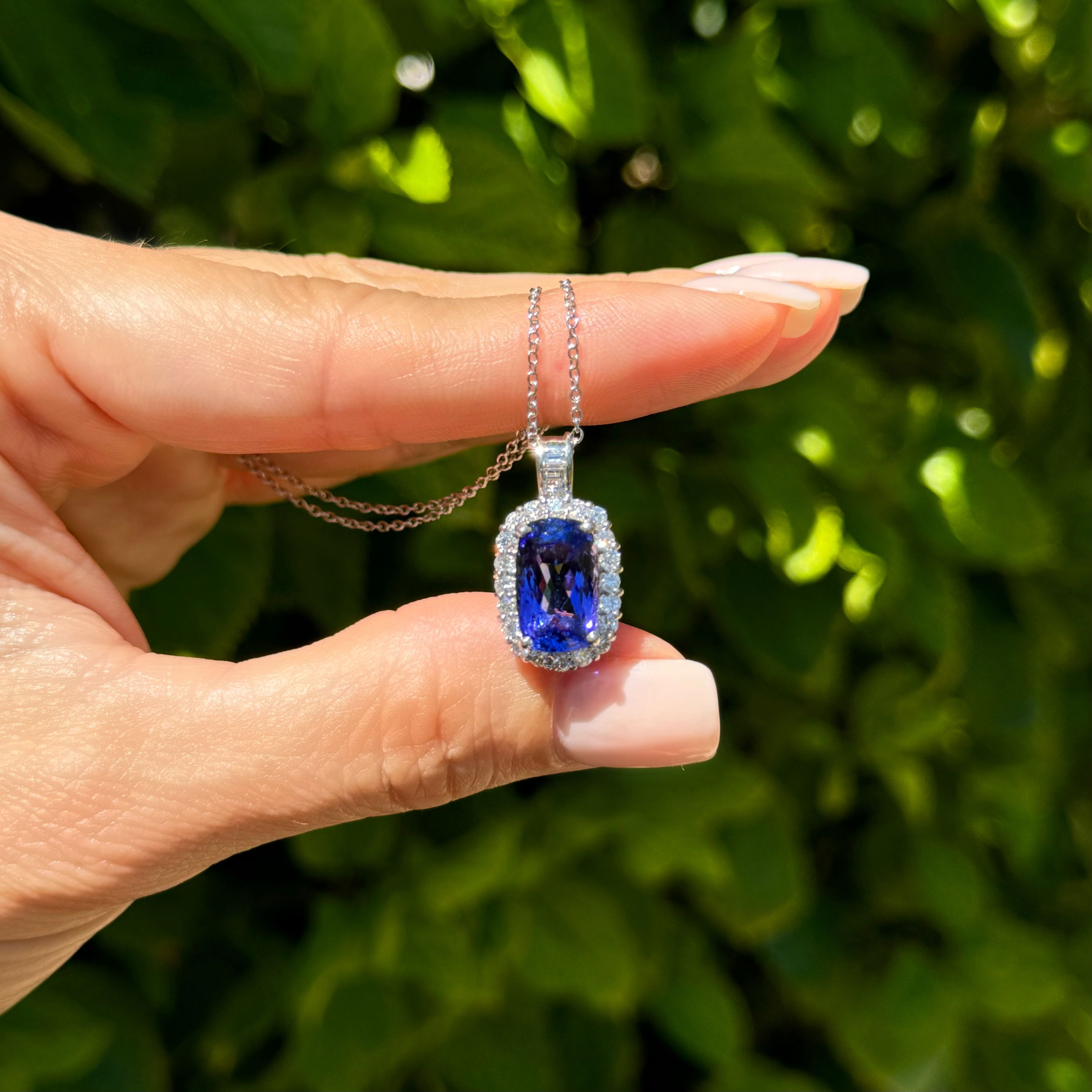 Platinum 5.24ct Cushion Tanzanite & .79tcw Baguette & RBC Diamond Pendant Necklace 12.2g, 16" 14K Chain