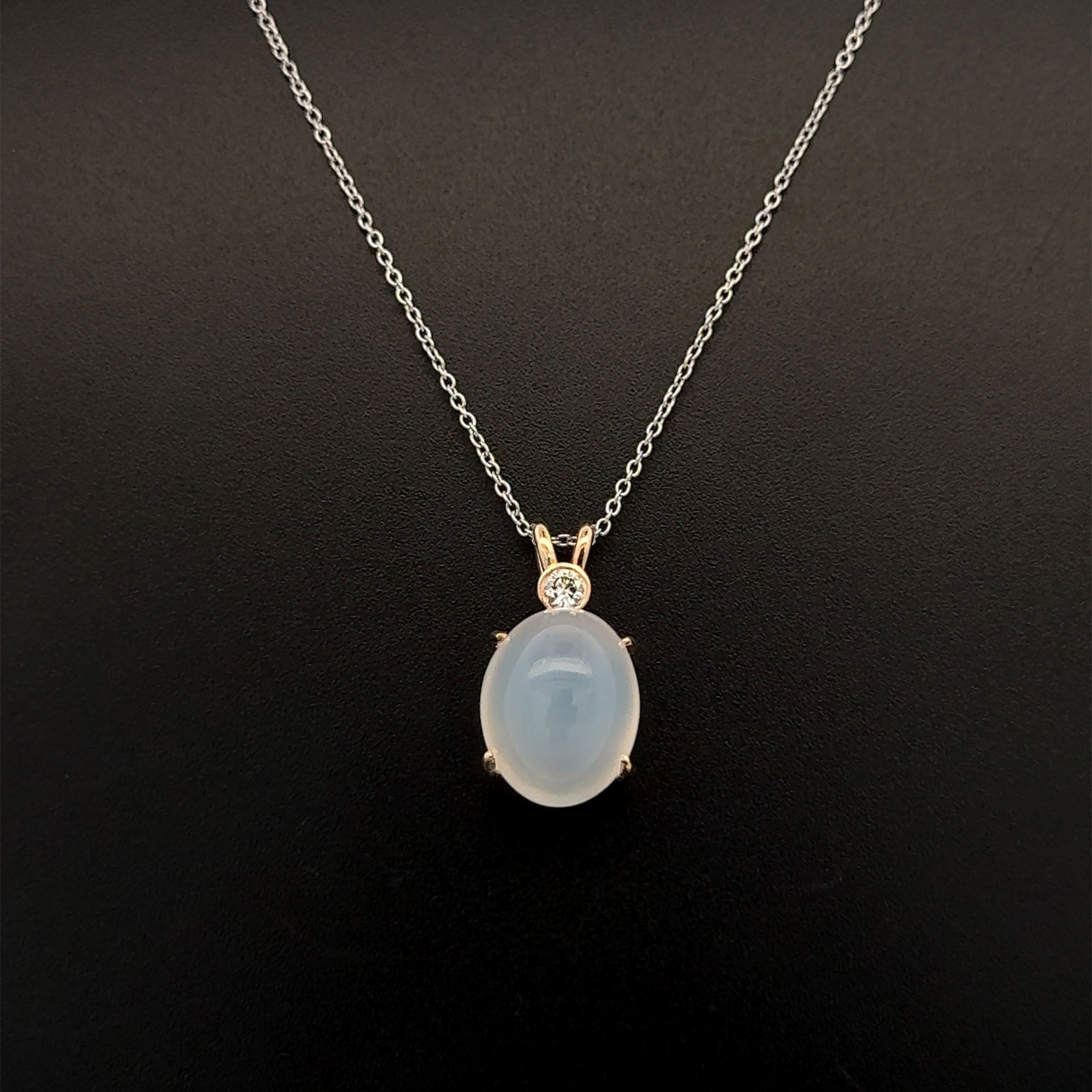 14K 2tone 8.96ct Cat's Eye Moonstone & .15ct Diamond Pendant Necklace 4.4g, 16"