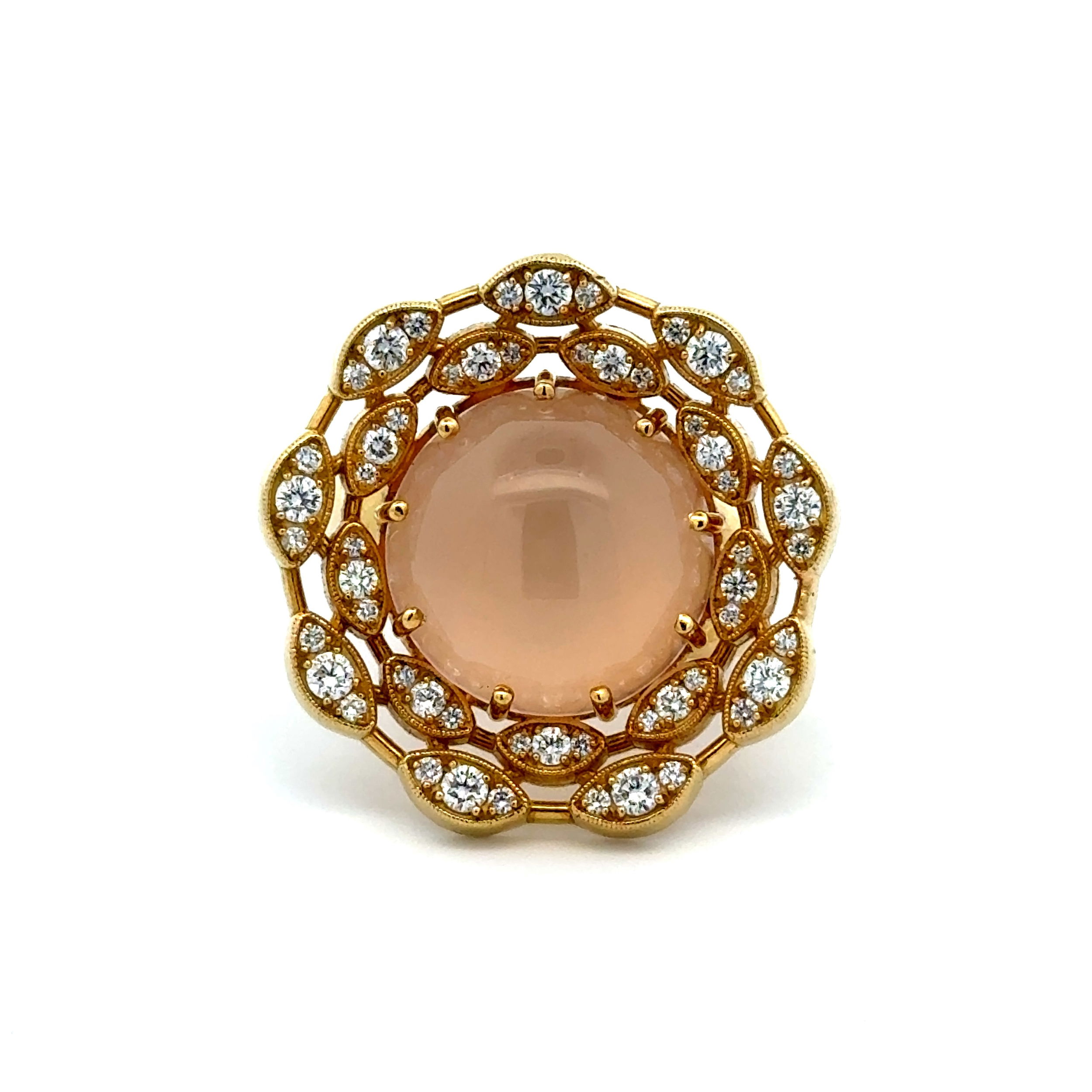 18K YG 10ct Round Rose Quartz & 1.36tcw RBC Diamond Flower Ring 17.4g, s6