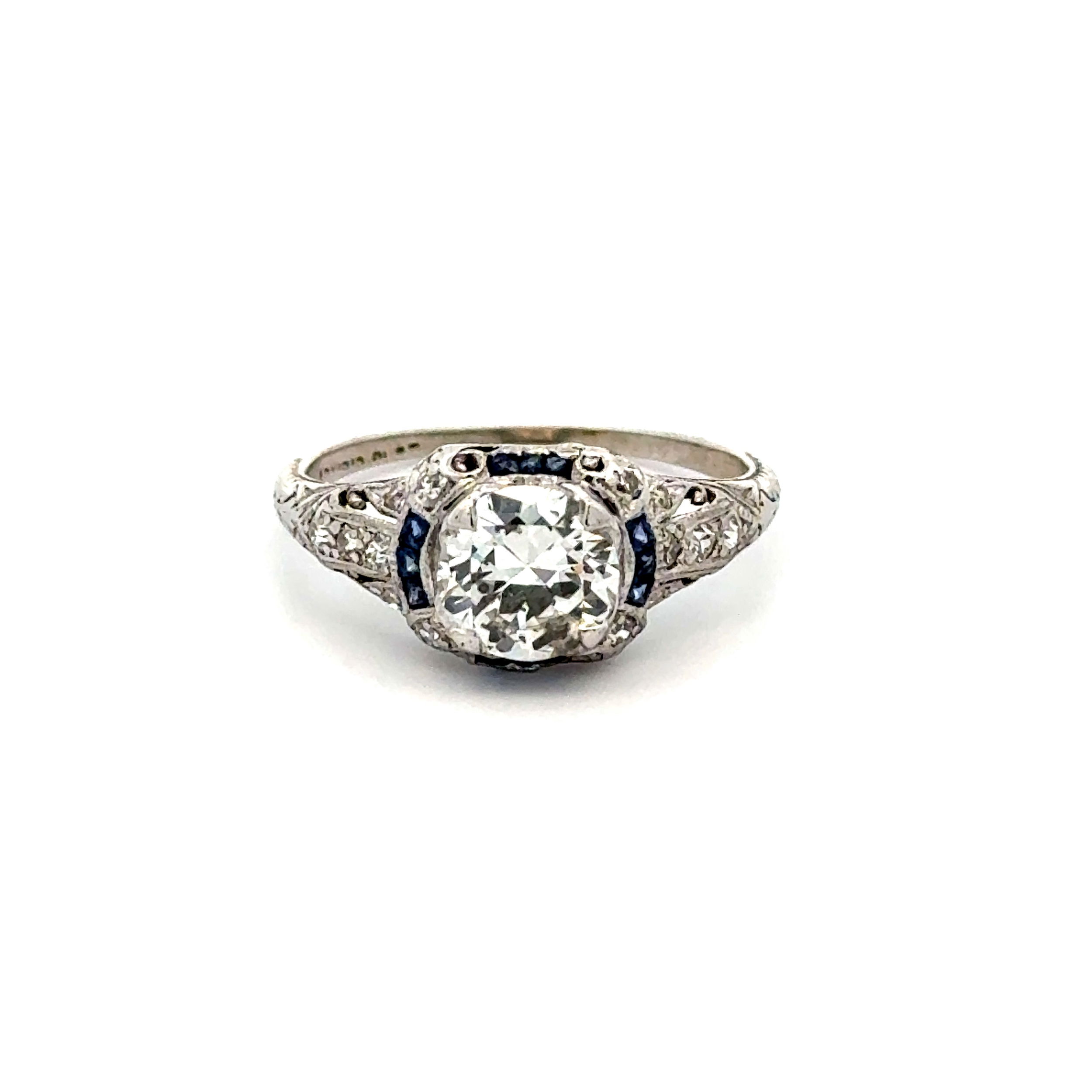 Platinum Art Deco 1.20ct OEC Diamond, .12tcw Sapphire & .20tcw SC Diamond Filigree Ring 3.4g, s6.5