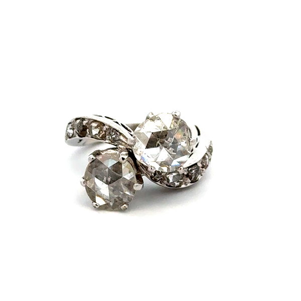 Closeup photo of 18K WG Art Deco 2 Stone 1.71tcw Rose Cut Diamond & .45tcw Diamond Bypass Ring 5.8g, s3.5