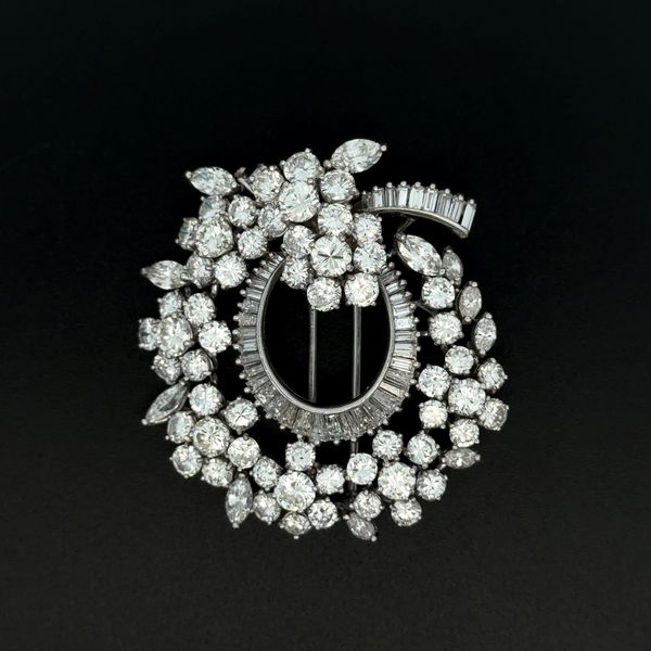 Closeup photo of Platinum 1950's 8.00tcw RBC, 1.70tcw Marquis & 2.25tcw Baguette Diamond Brooch 23.1g, 1.75"