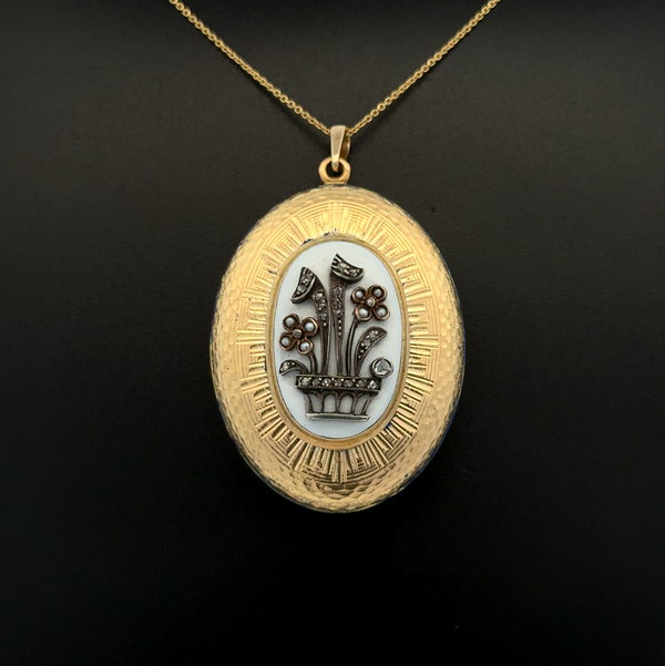 Closeup photo of 18K YG Victorian Enamel, .10tcw Old Cut Diamond & Seed Pearl Locket Pendant on 14Y Chain 21.2g, 16"
