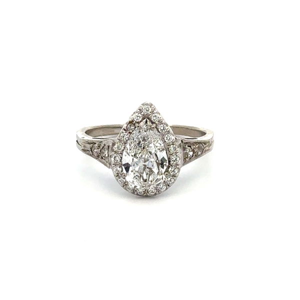 Closeup photo of 14K WG 1.03ct Pear Diamond & .23tcw RBC Diamond Halo Ring 2.2g, s6