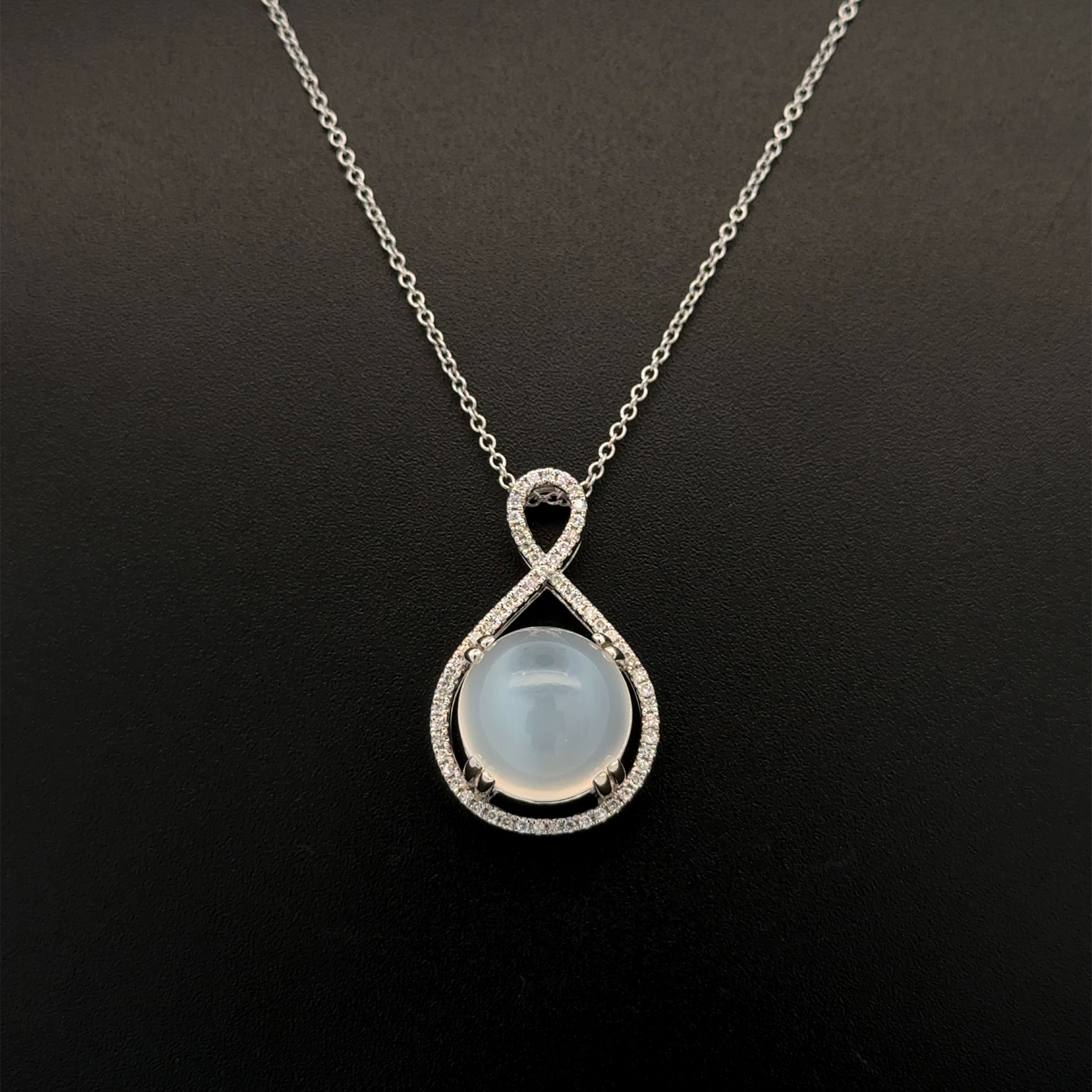 14K WG 8.08ct Round White Moonstone & .27tcw Diamond Pendant Necklace 5.2g, 16"