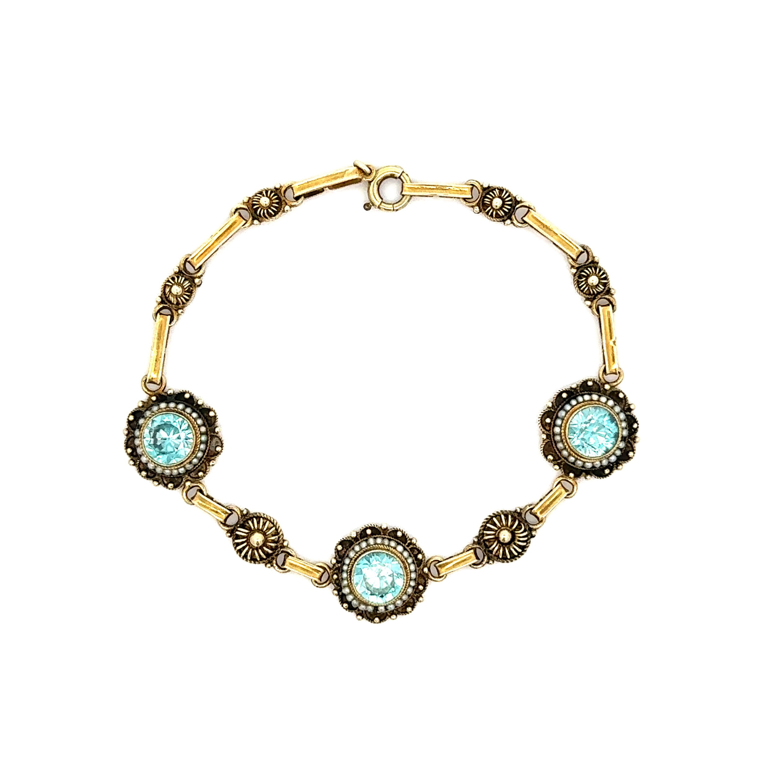 14K Green Gold Art Deco 5.25tcw Round Blue Zircon & Seed Pearl 3 Station Link Bracelet 6.9g, 7"