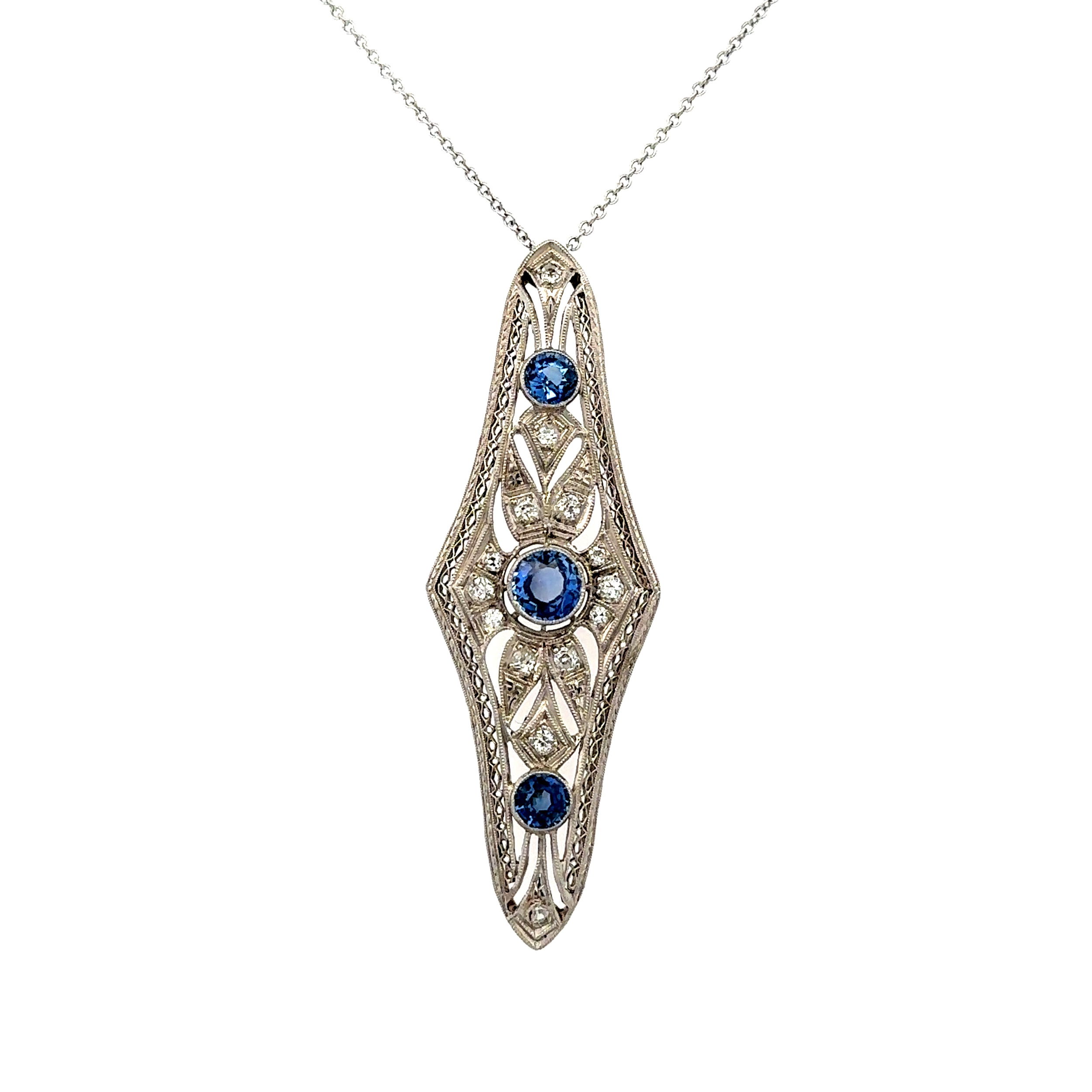 Platinum Art Deco 2.00tcw Sapphire & .70tcw Diamond Drop Navette Pendant Necklace 9.1g on 14W Chain 16"