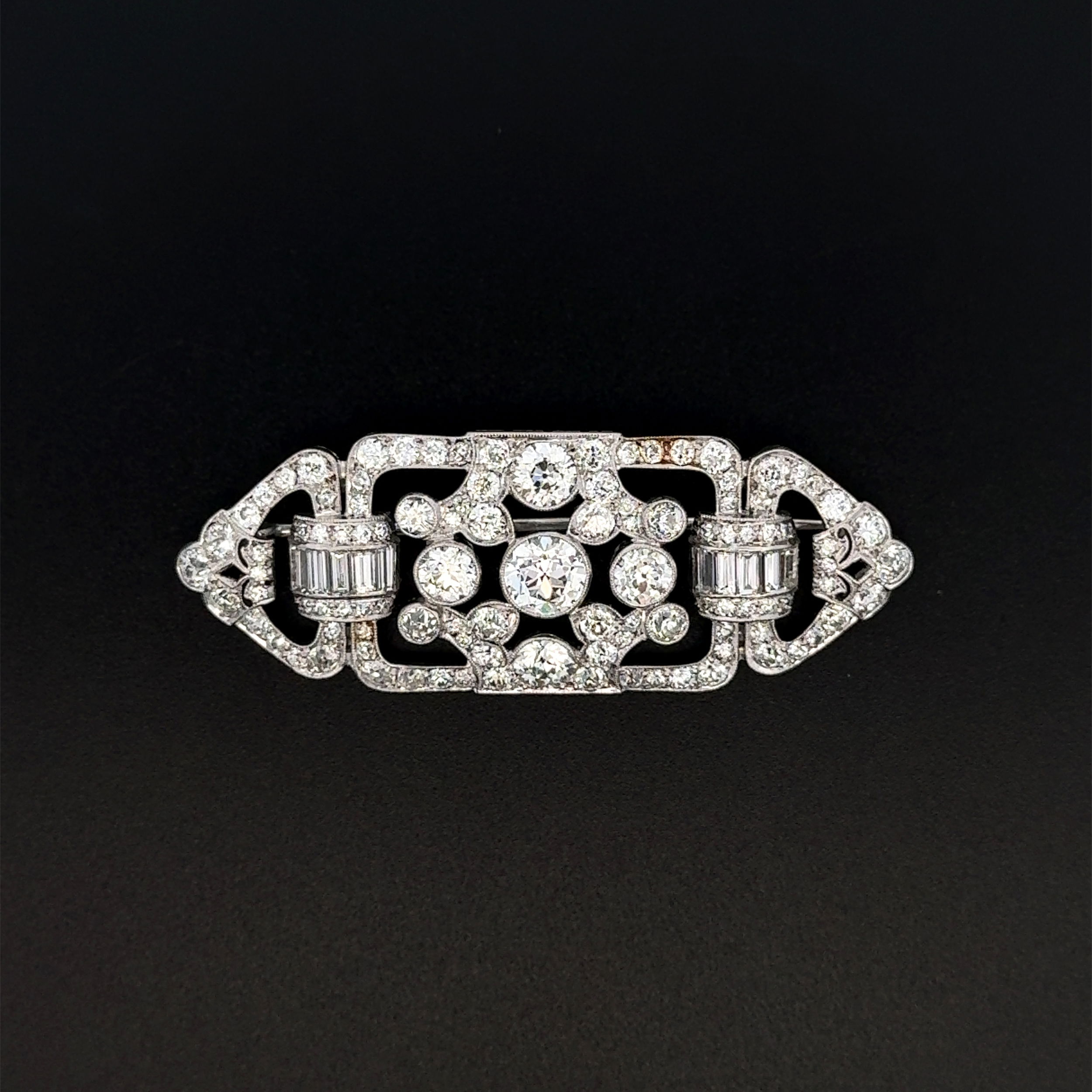 Platinum Art Deco 1.20ct OEC Diamond, 2.00tcw OEC & 6.00tcw Baguette & OEC Diamond Brooch