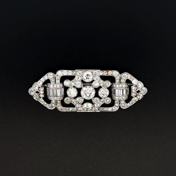 Closeup photo of Platinum Art Deco 1.20ct OEC Diamond, 2.00tcw OEC & 6.00tcw Baguette & OEC Diamond Brooch