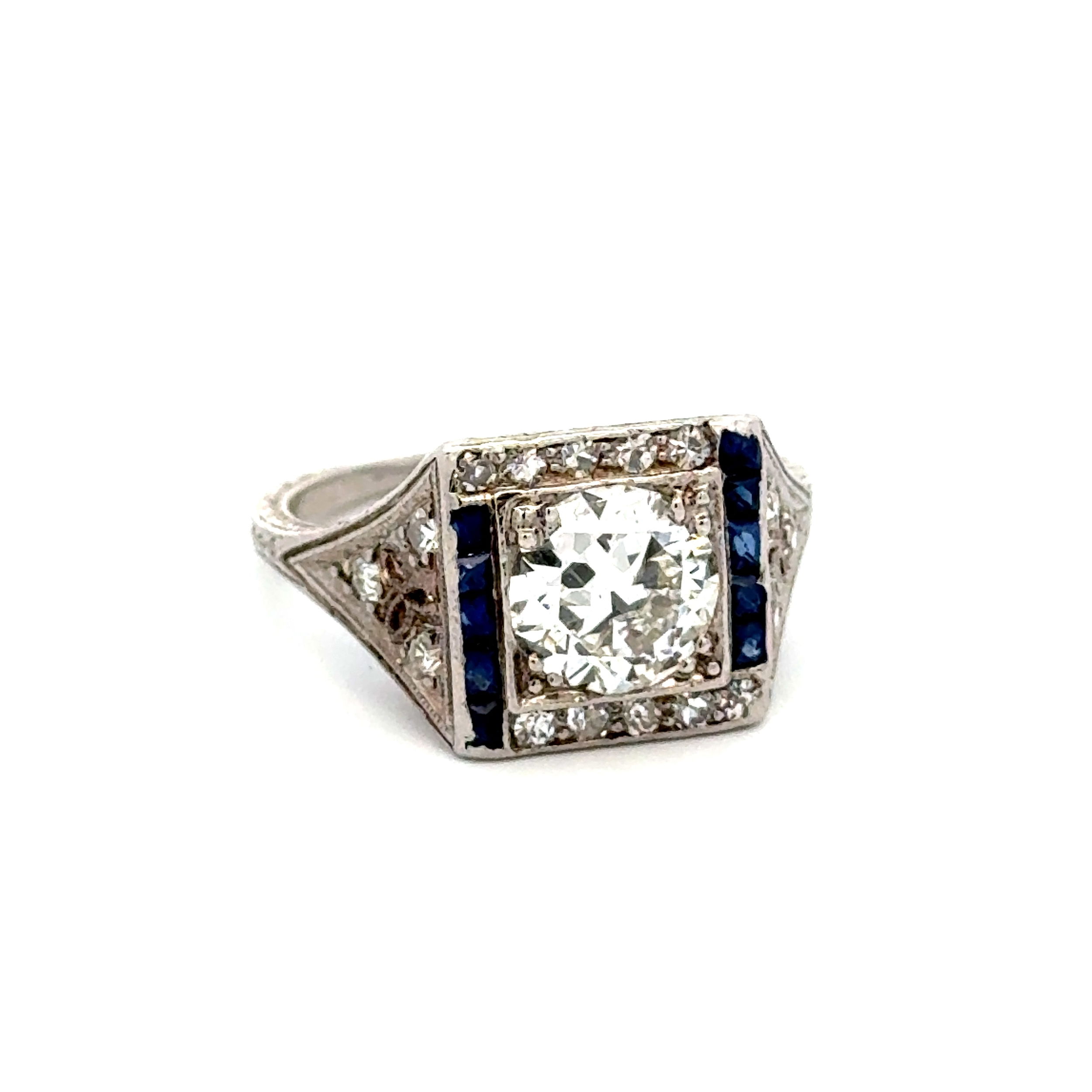 Platinum Art Deco 1.39ct OEC I-SI1 GIA, Syn Sapphire & .32tcw Diamond Ring 5.5g, s7.5