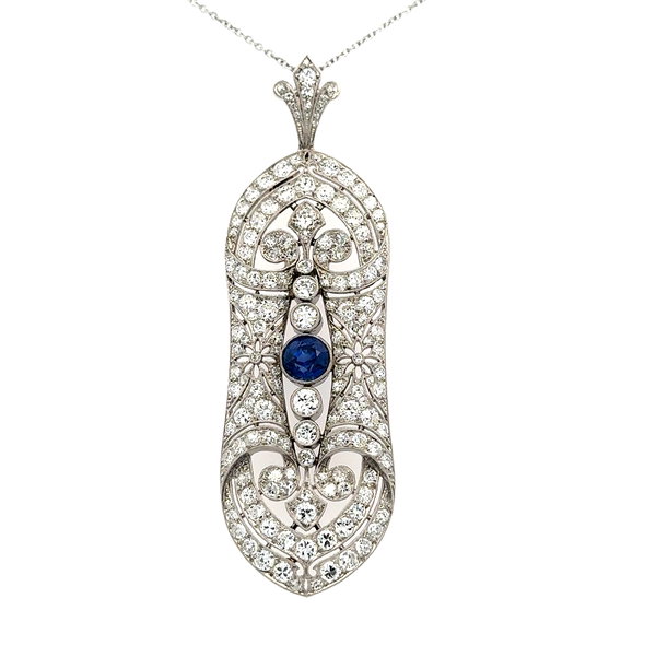 Closeup photo of Platinum Art Deco 1.69ct Round Sapphire & 7.00tcw OEC Diamond Navette Pendant on 14W Chain 16" 19.9g,