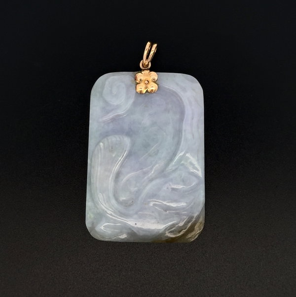 Closeup photo of 14K YG Carved Jadeite Jade Lavender, Green & Brown Squirrel Lotus Flower Pendant 31.8g, 2.3"