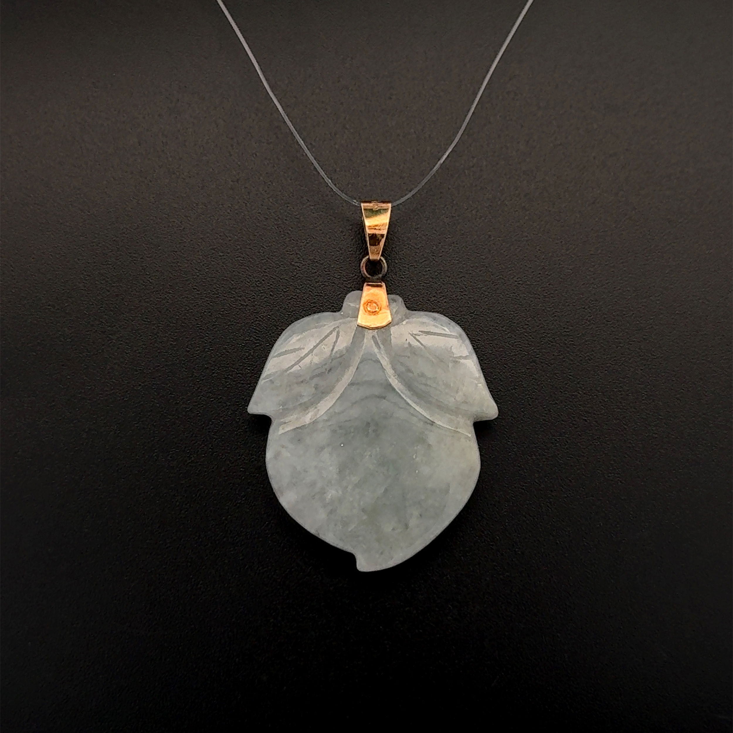 14K YG Carved Jadeite Jade Lavender & Green Acorn Flower Pendant 7.5g 14K YG Carved Jadeite Jade Lavender & Green Acorn Flower Pendant 7.5g