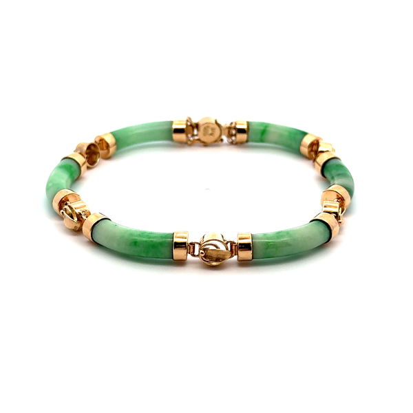 Closeup photo of 14K YG Green Jadeite Jade Tube Section & Gold Link Bracelet 16.4g, 7"