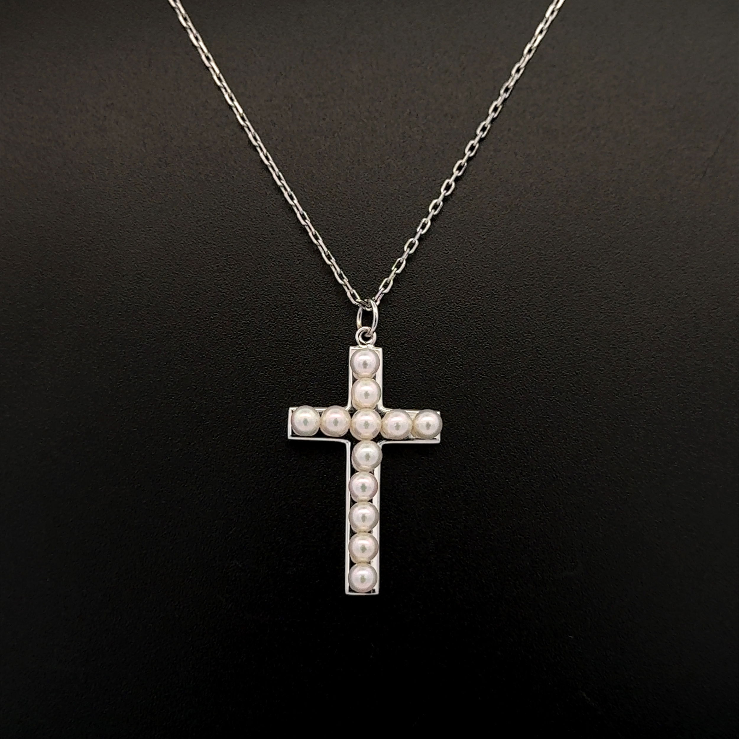 18K WG MIKIMOTO 3.2mm 12 Pearl Cross Necklace 4.4g, 16"