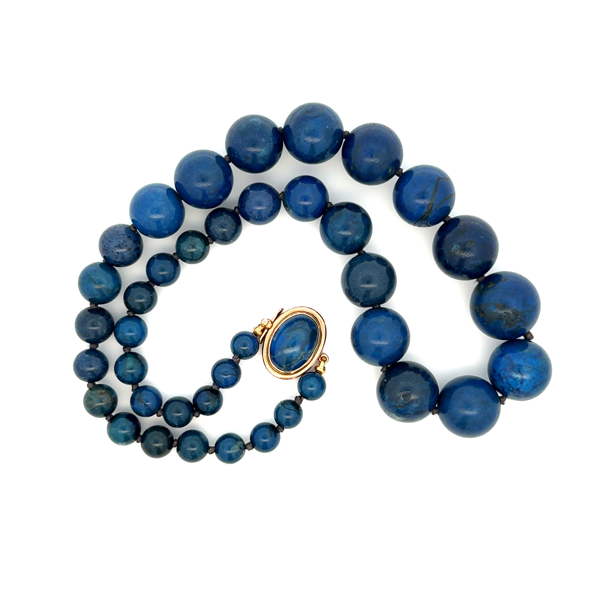 14K YG Antique Lapis Round Bead 16.0mm to 6.9mm 76.4g, 17"