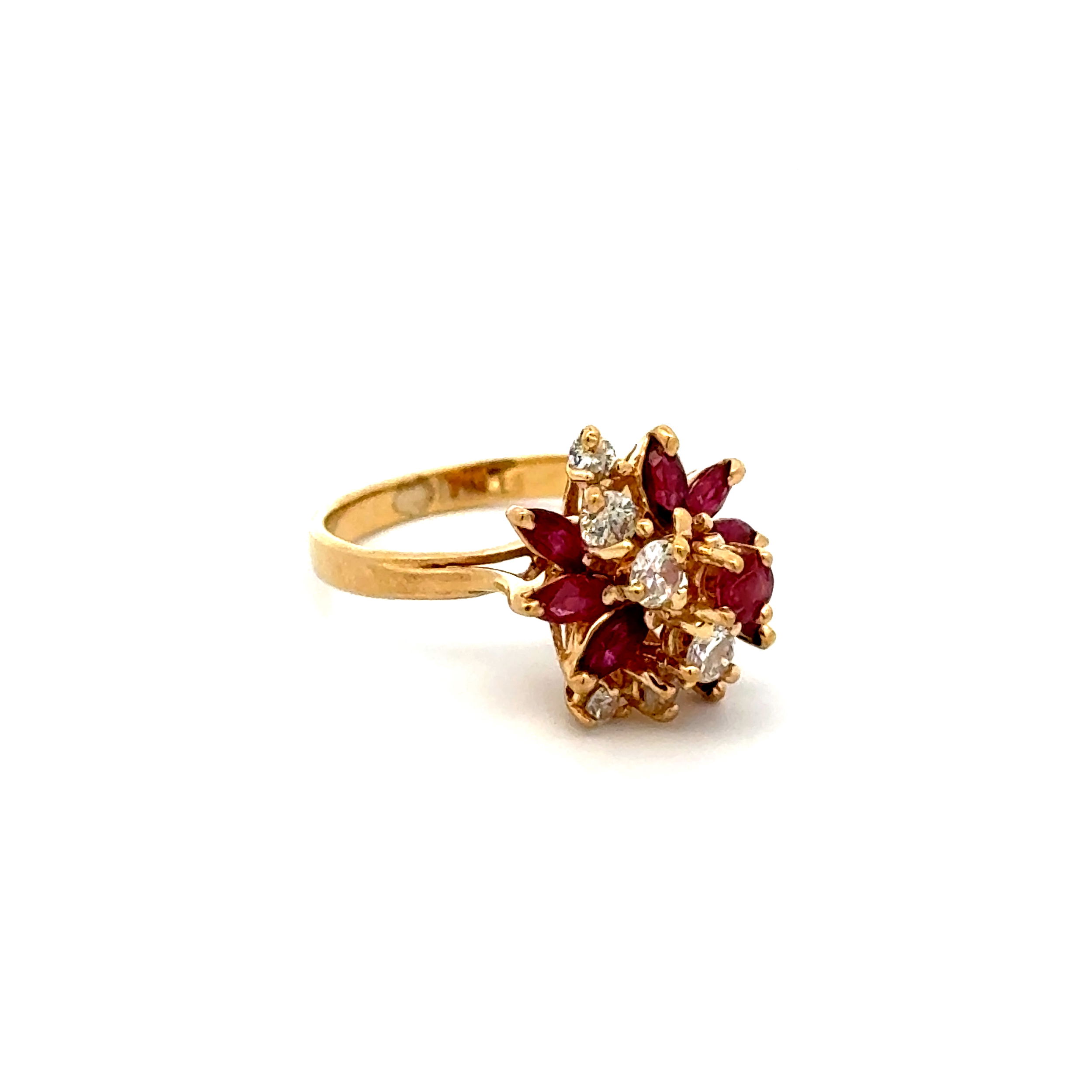 14K YG 1960's .80tcw Marquis & Round Ruby & .55tcw RBC Diamond Cluster Ring 3.3g, 4.75