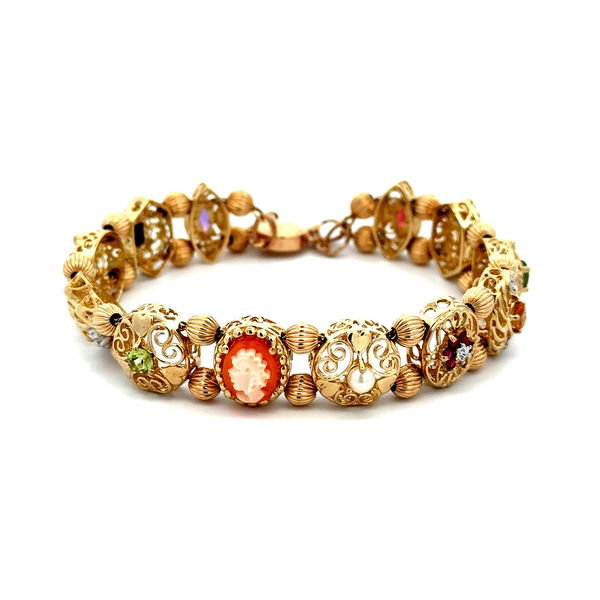 Closeup photo of 10K YG Victorian Revival Mosaic Amethyst, Onyx, Topaz, Peridot, Shell, Ruby, Citrine, Jade Bracelet 14.4g, 6.5"