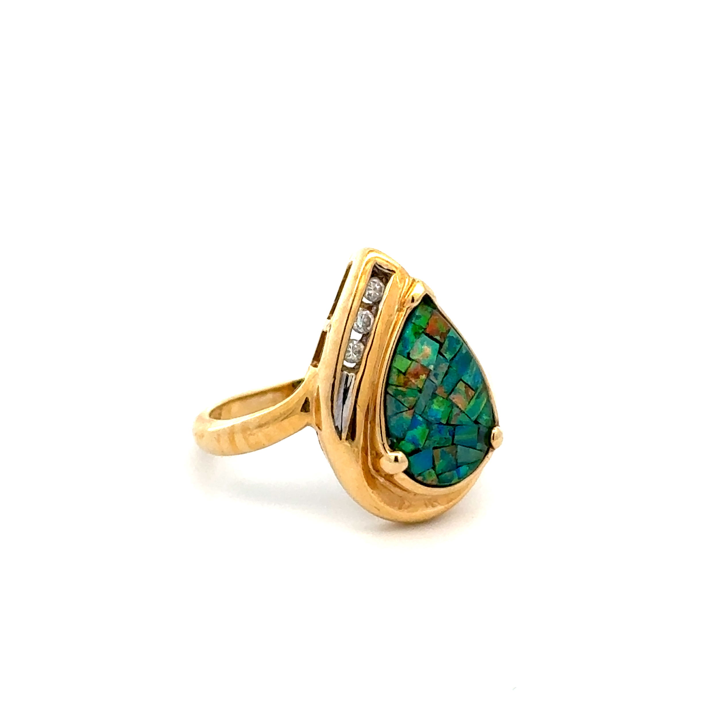 14K YG Pear Mosaic Opal Inlay & .05tcw Diamond Ring 3.6g, s5.25