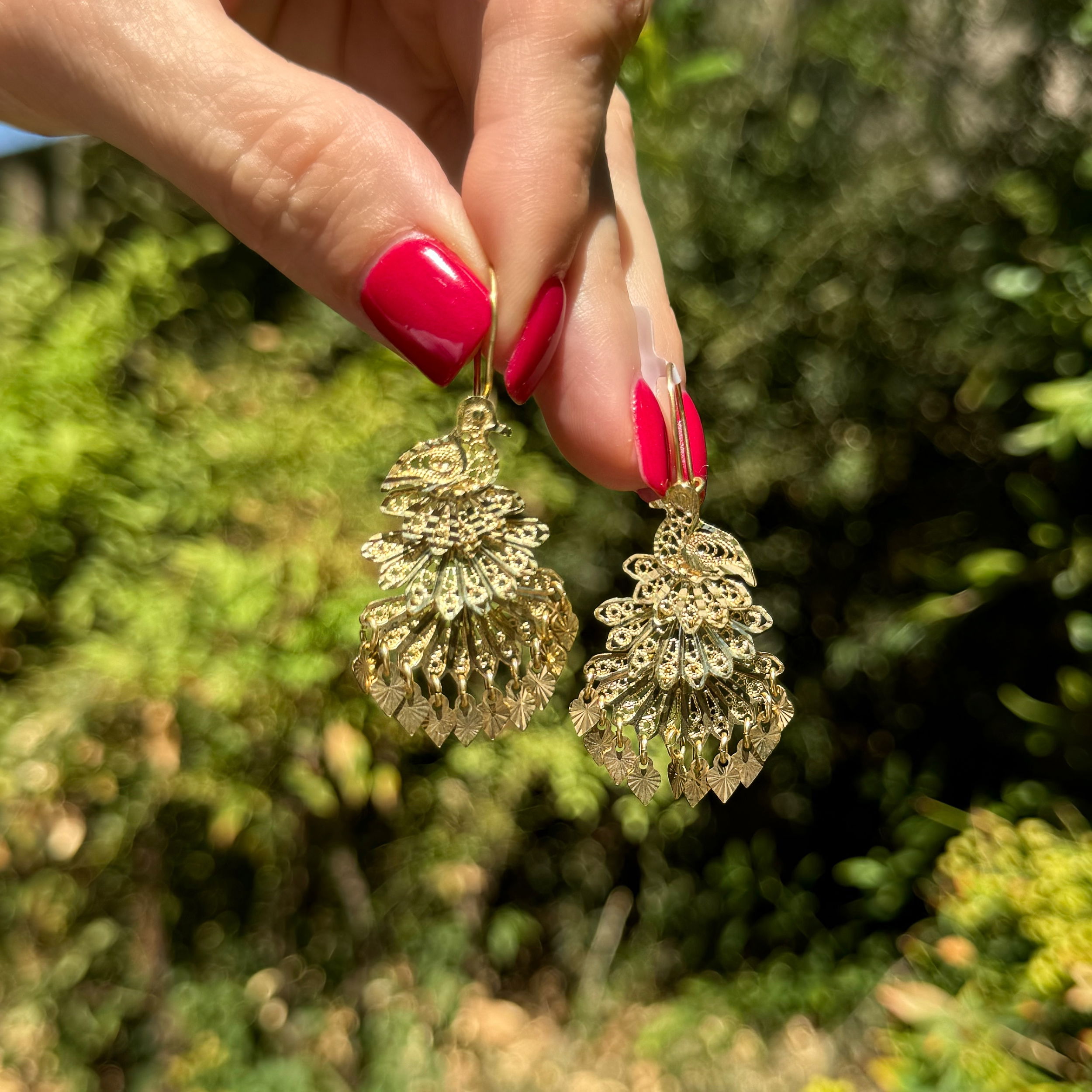 18K YG Turkish Peacock Chandelier Gold Drop Earrings 8.9g, 2"