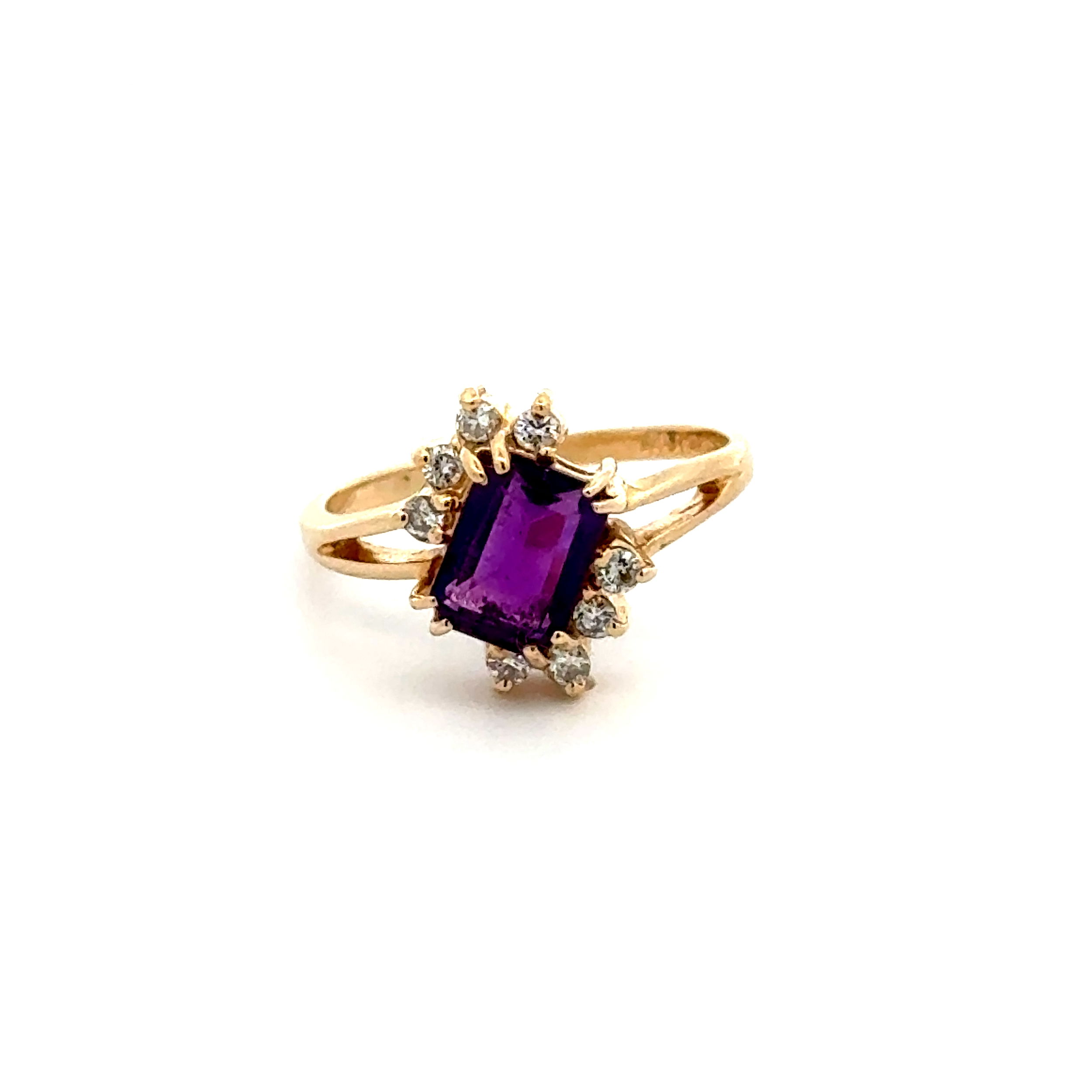 14K YG .75ct Emerald Cut Amethyst & .08tcw Diamond Bias Ring 2.5g, s5