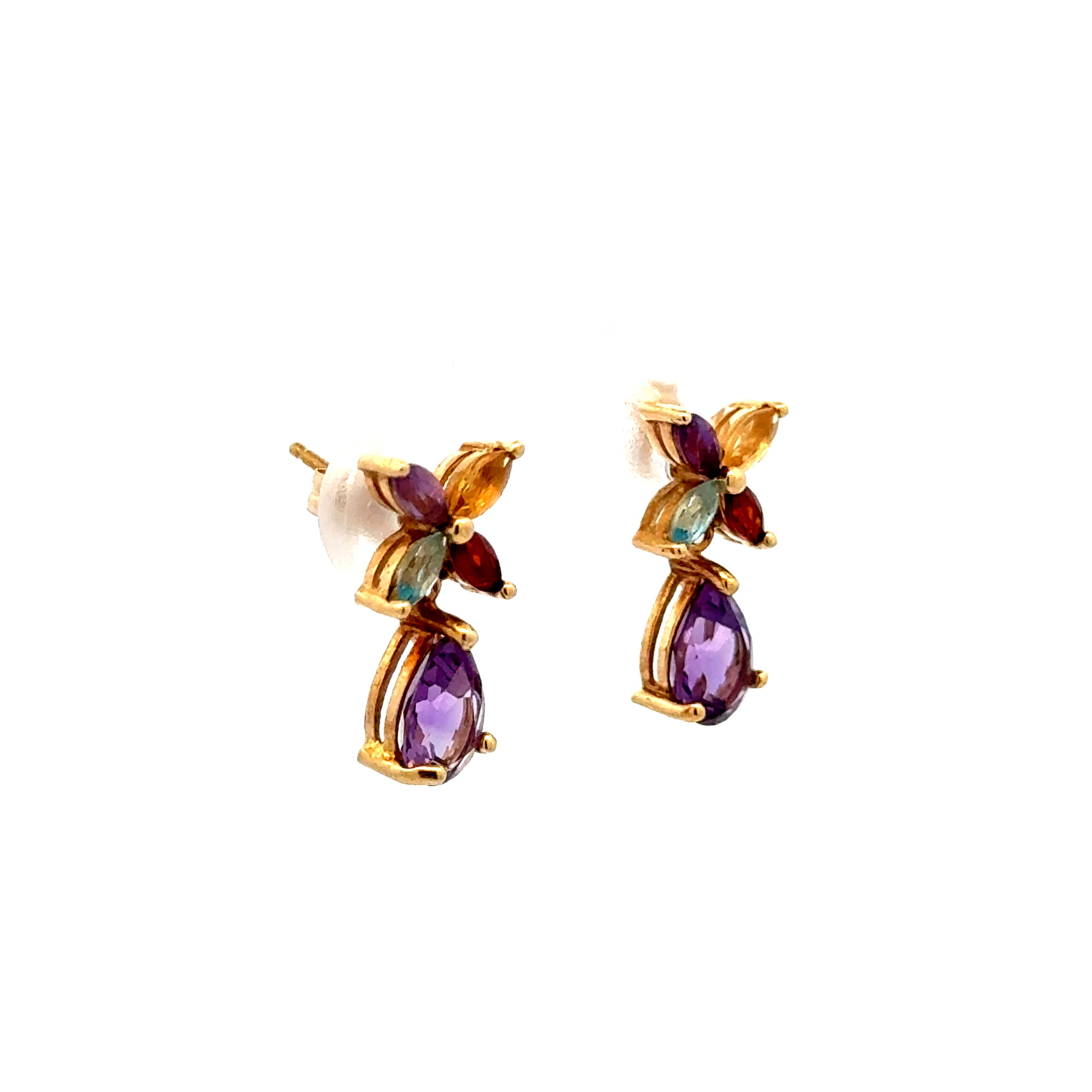 14K YG ..80tcw Pear Cut Amethyst & Gemstone Top Earrings 1.8g,