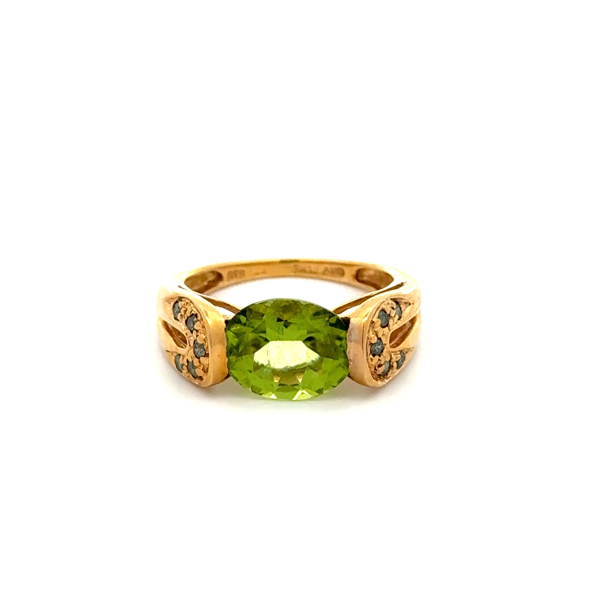 14K YG 2ct Oval Peridot & .10tcw Irradiated Blue Diamond Ring 3.1g, s5