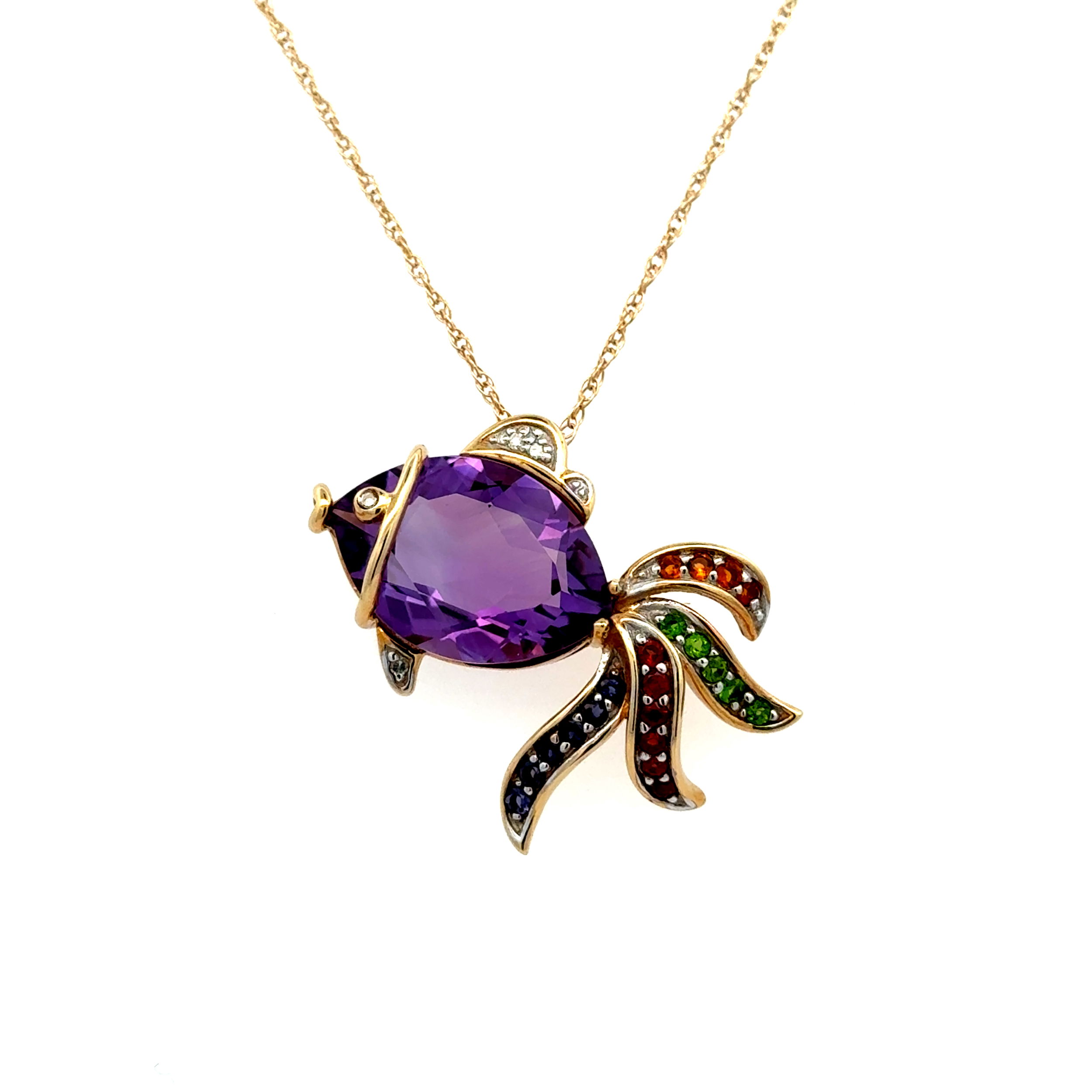 14K YG 8ct Amethyst FISH, .02tcw Diamonds, Garnets & Amethyst Pendant Necklace 5.6g, 18"