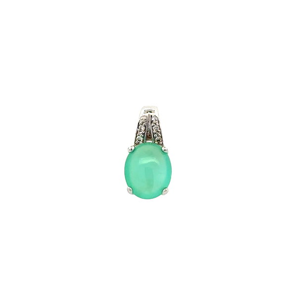 Closeup photo of 14K WG 1.20ct Bluish Green Chalcedony & .03tcw Diamond Pendant 1.8g, .68"