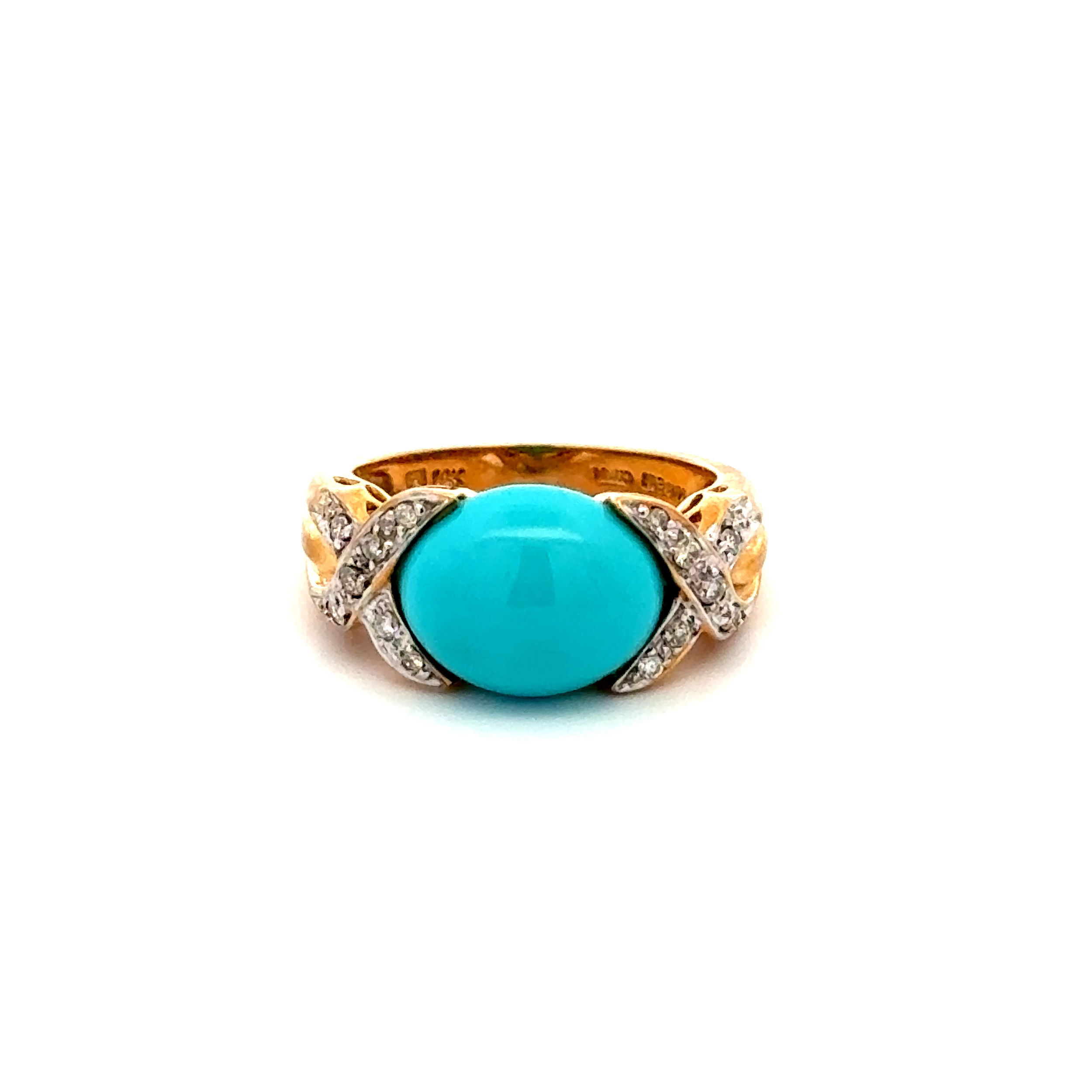 14K YG 1.50ct Oval Turquoise & .10tcw Diamond East West Ring 4.2g, s5.25