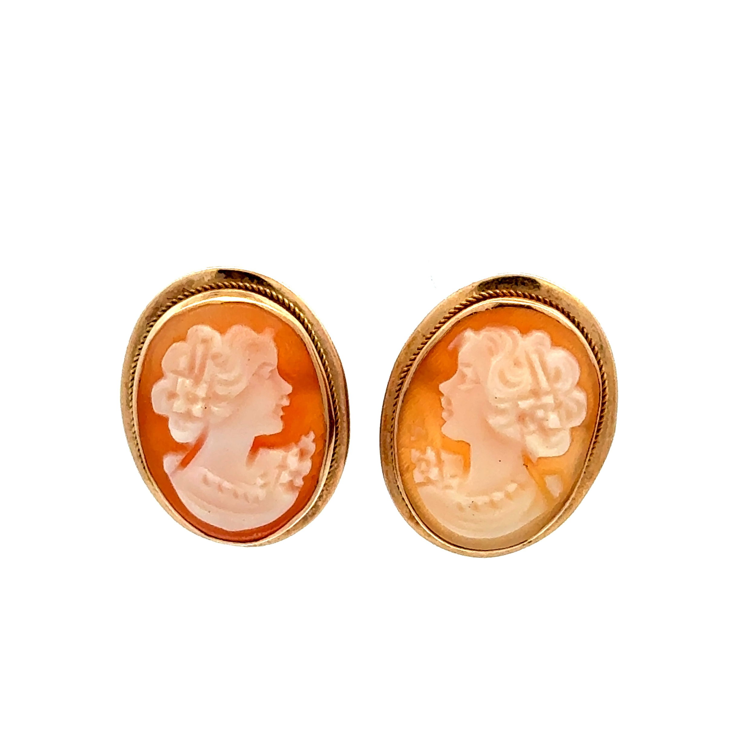 14K YG Italian Carved Shell Cameo Stud Earrings 3.4g