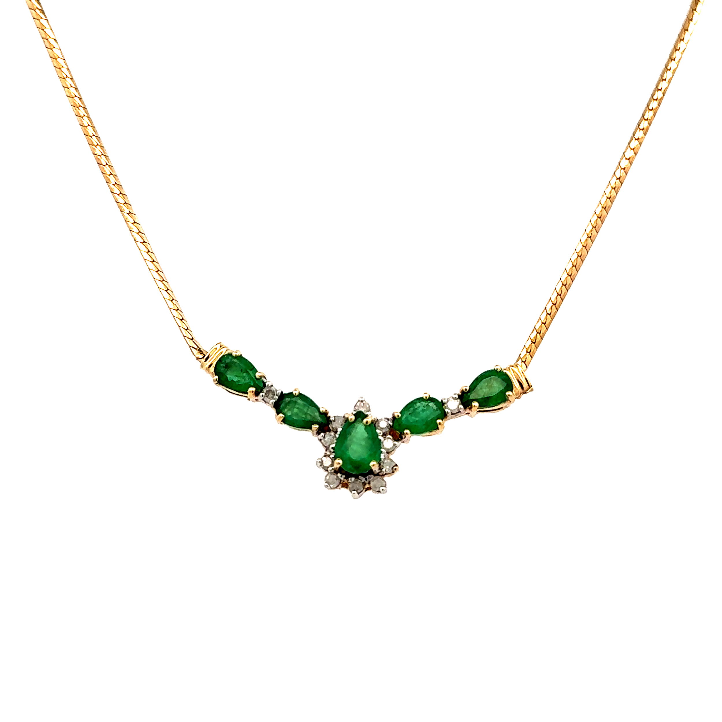 14K YG 1.50tcw Pear Emerald & .24tcw Baguette Diamond Necklace 6.4g, 17"