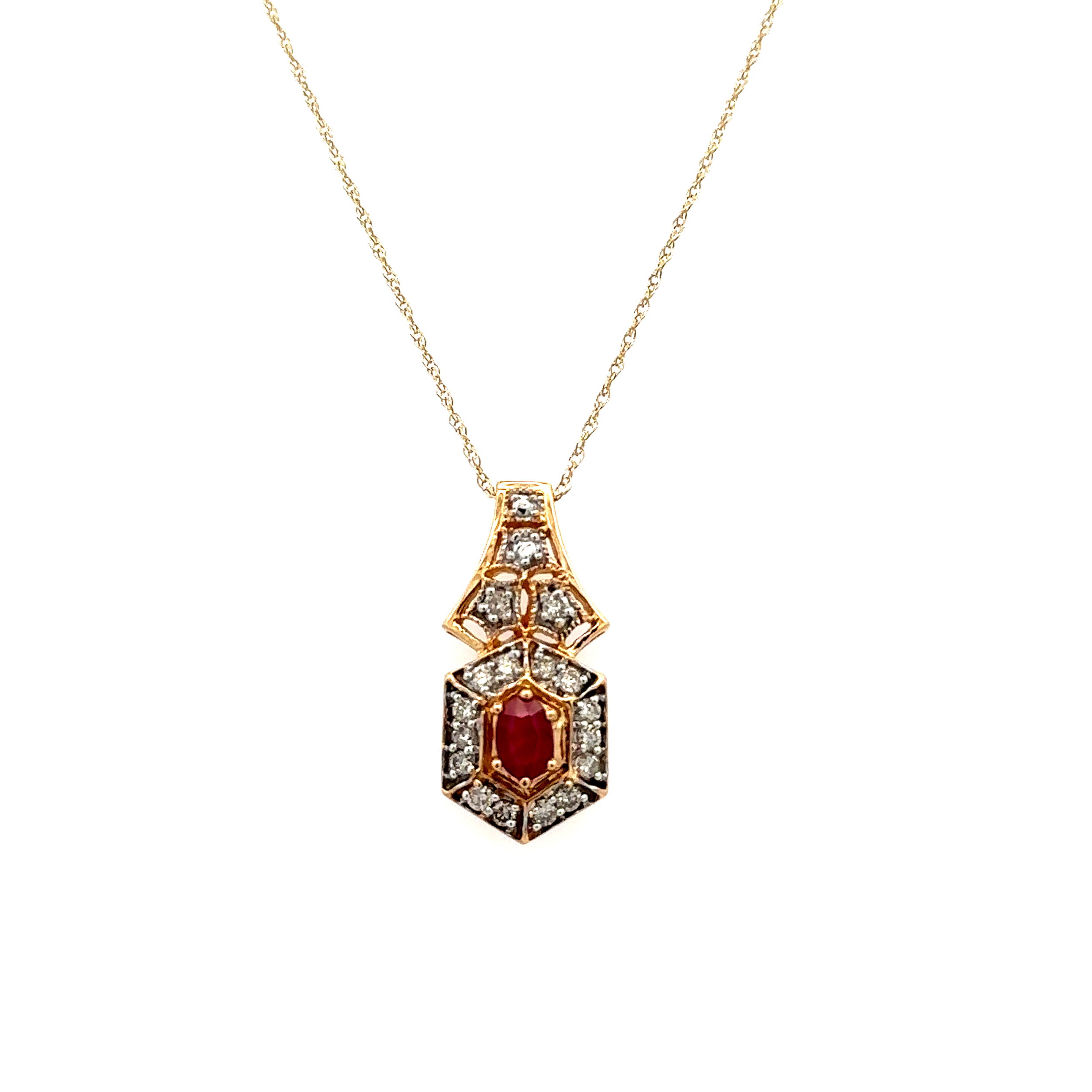 14K YG .65ct Oval Ruby & .55tcw Diamond Antique Style Pendant Necklace 5.2g, 18"