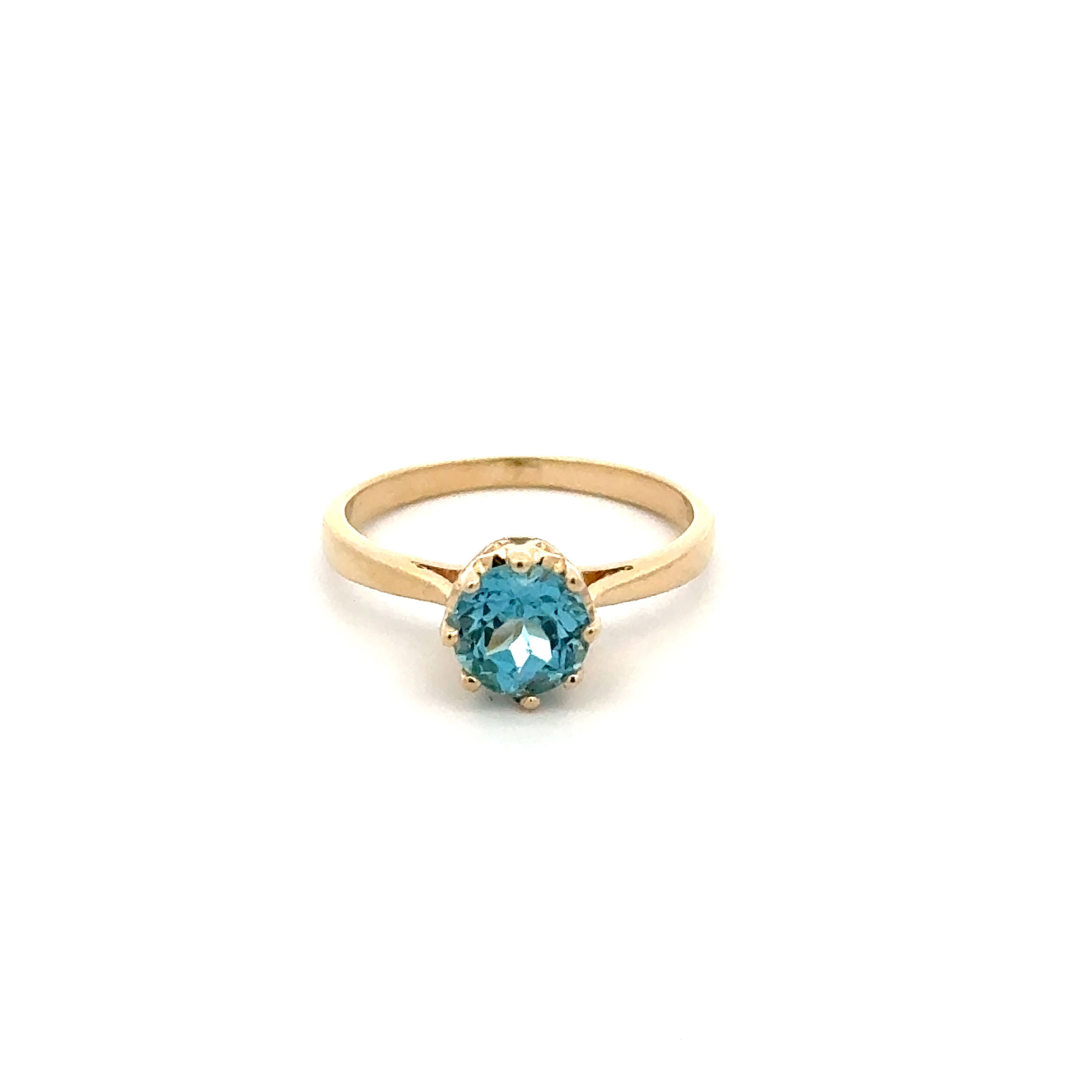 14K YG 1.03ct Round Blue Zircon Solitaire Crown Setting Ring 2.2g, s5