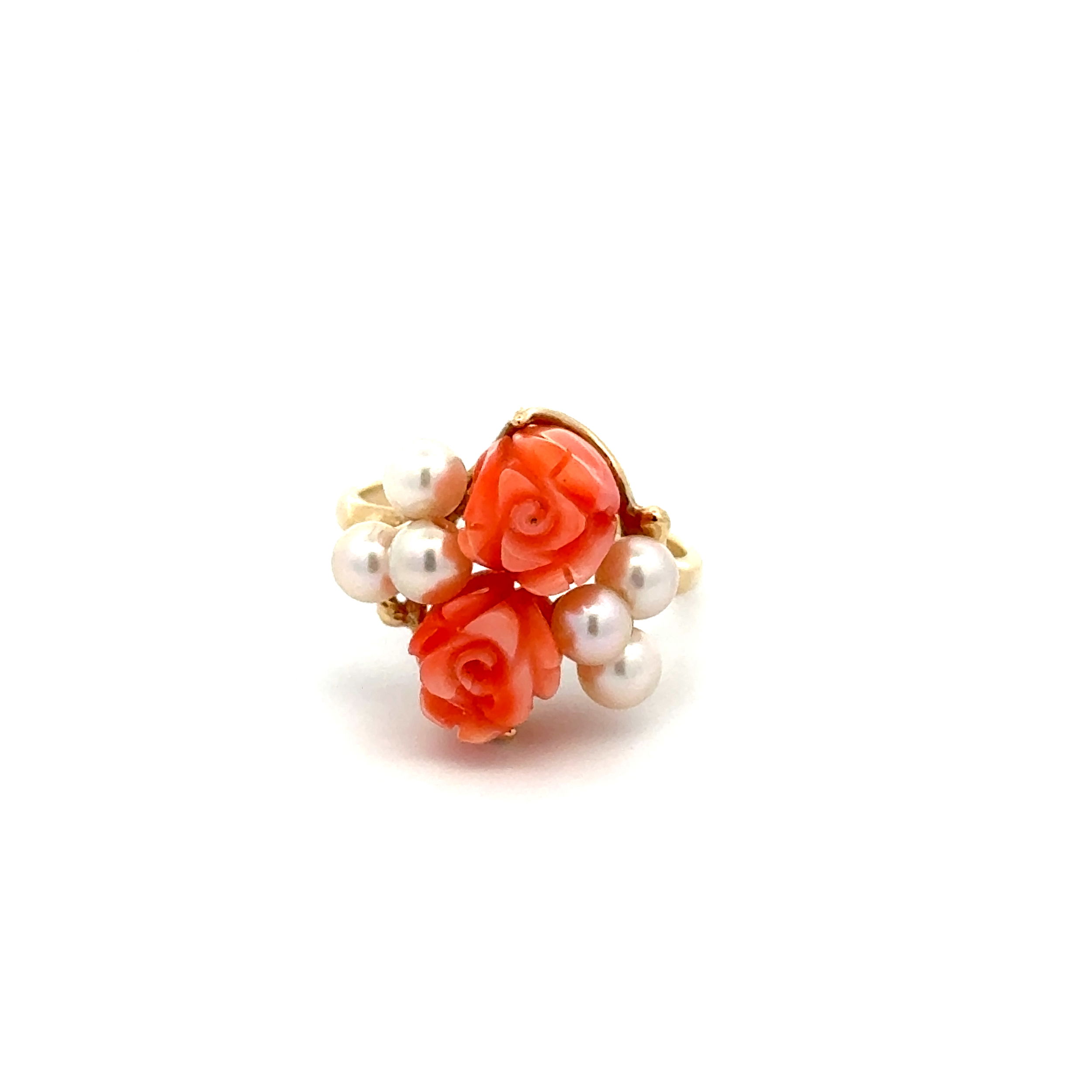 14K YG Carved Coral Flower & Pearl Cluster Ring 3.4g, s5