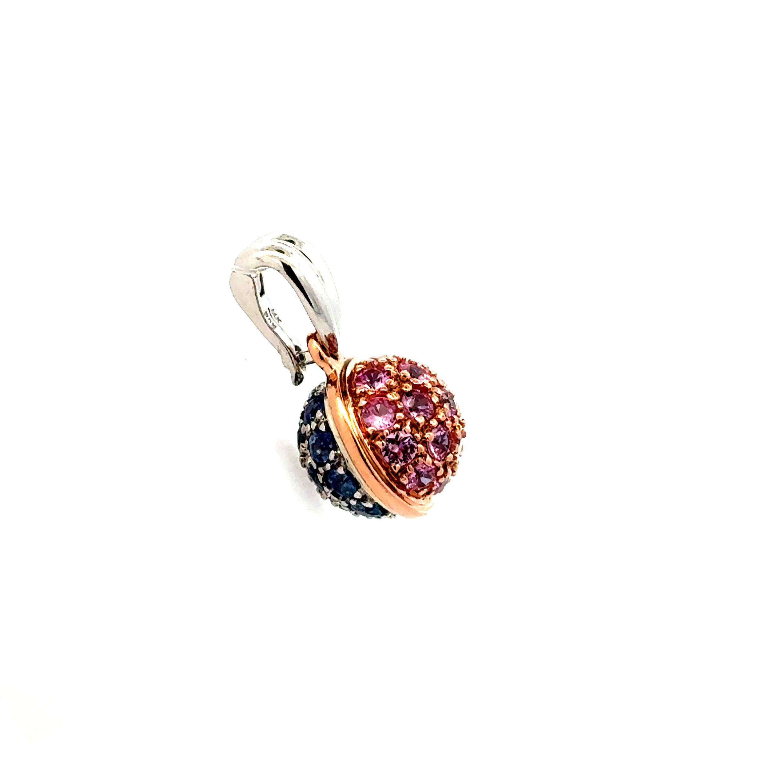 14K WG & RG .80tcw Blue & .80tcw Pink Sapphire Double Sided Ball Pendant Charm 3.2g 14K WG & RG .80tcw Blue & .80tcw Pink Sapphire Double Sided Ball Pendant Charm 3.2g