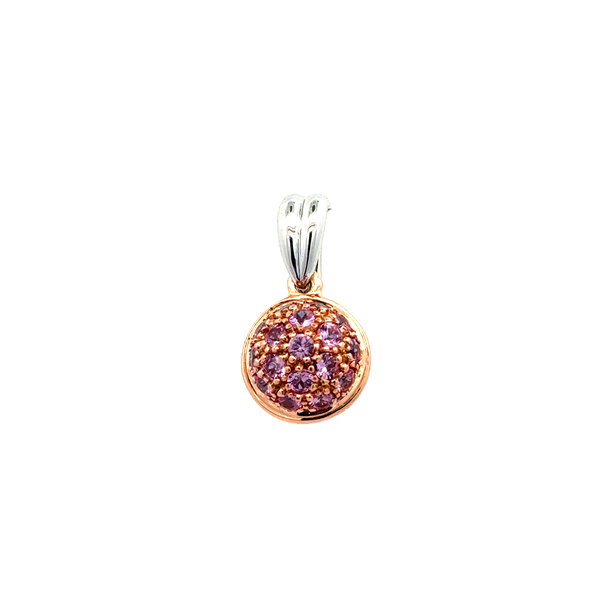 Closeup photo of 14K WG & RG .80tcw Blue & .80tcw Pink Sapphire Double Sided Ball Pendant Charm 3.2g