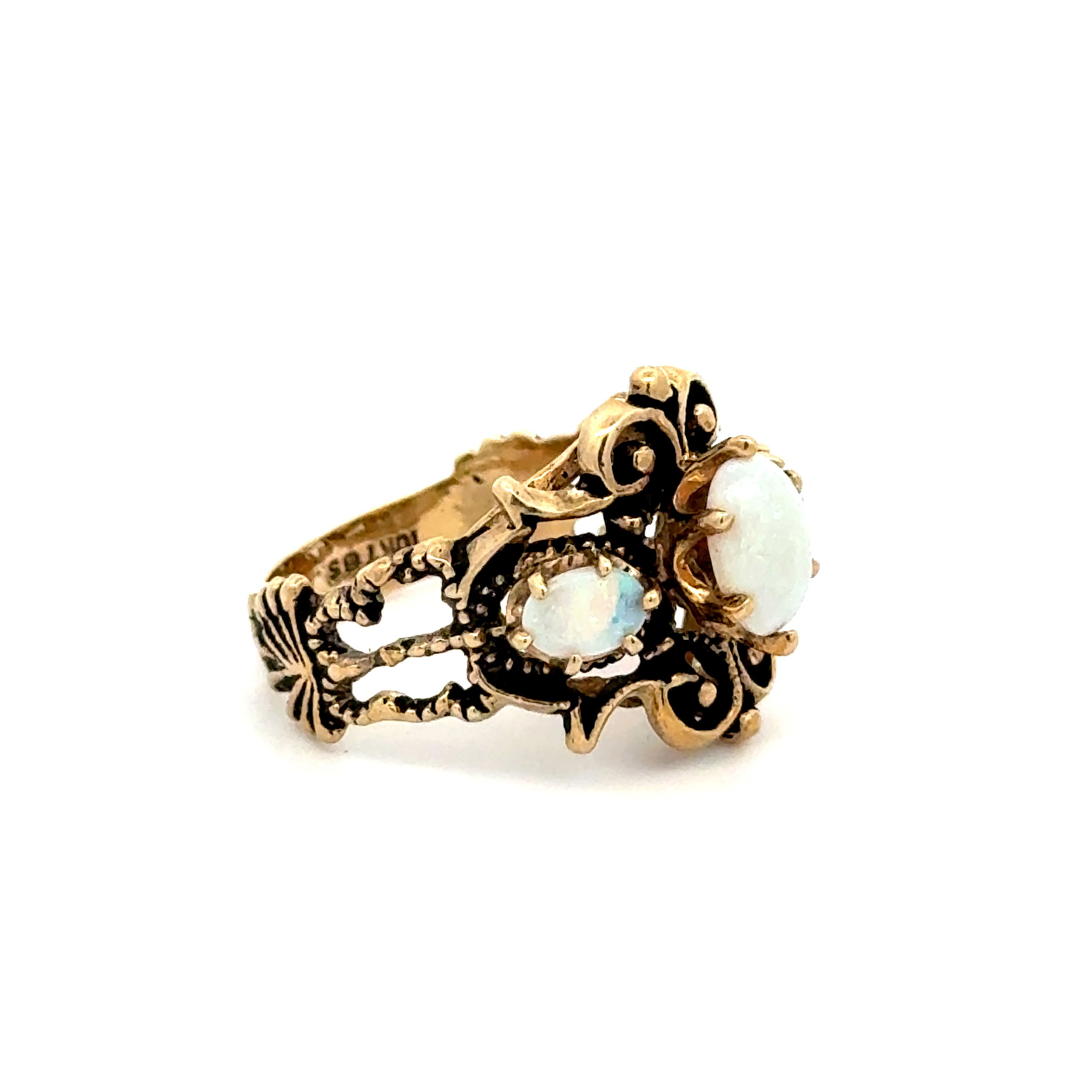 10K YG 3 Stone .50tca Opal Antique Filigree Ring 4.2g, s5.25 10K YG 3 Stone .50tca Opal Antique Filigree Ring 4.2g, s5.25