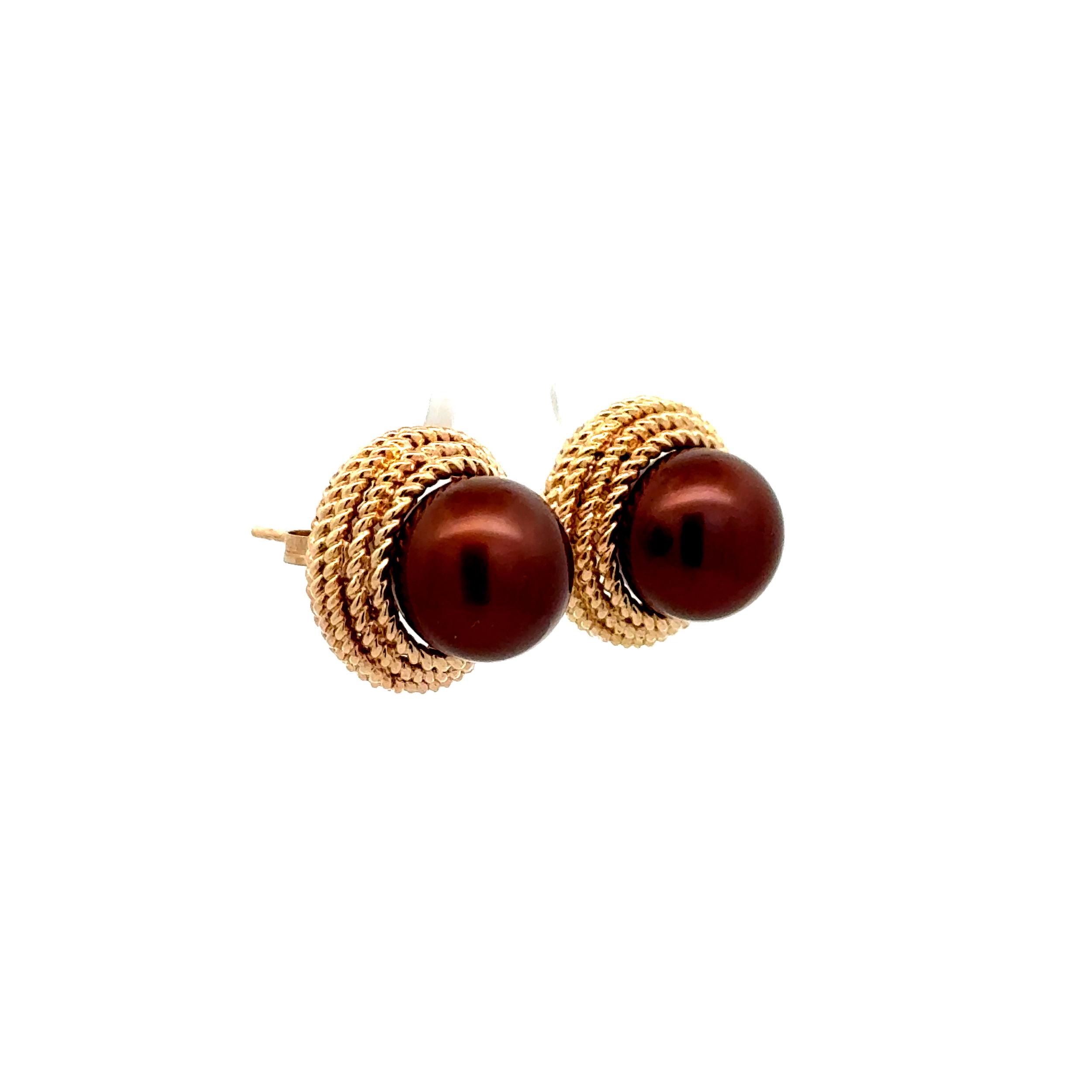 14K YG 9.6mm Chocolate Pearl Gold Rope Bezel Stud Earrings 6.5g, 14mm