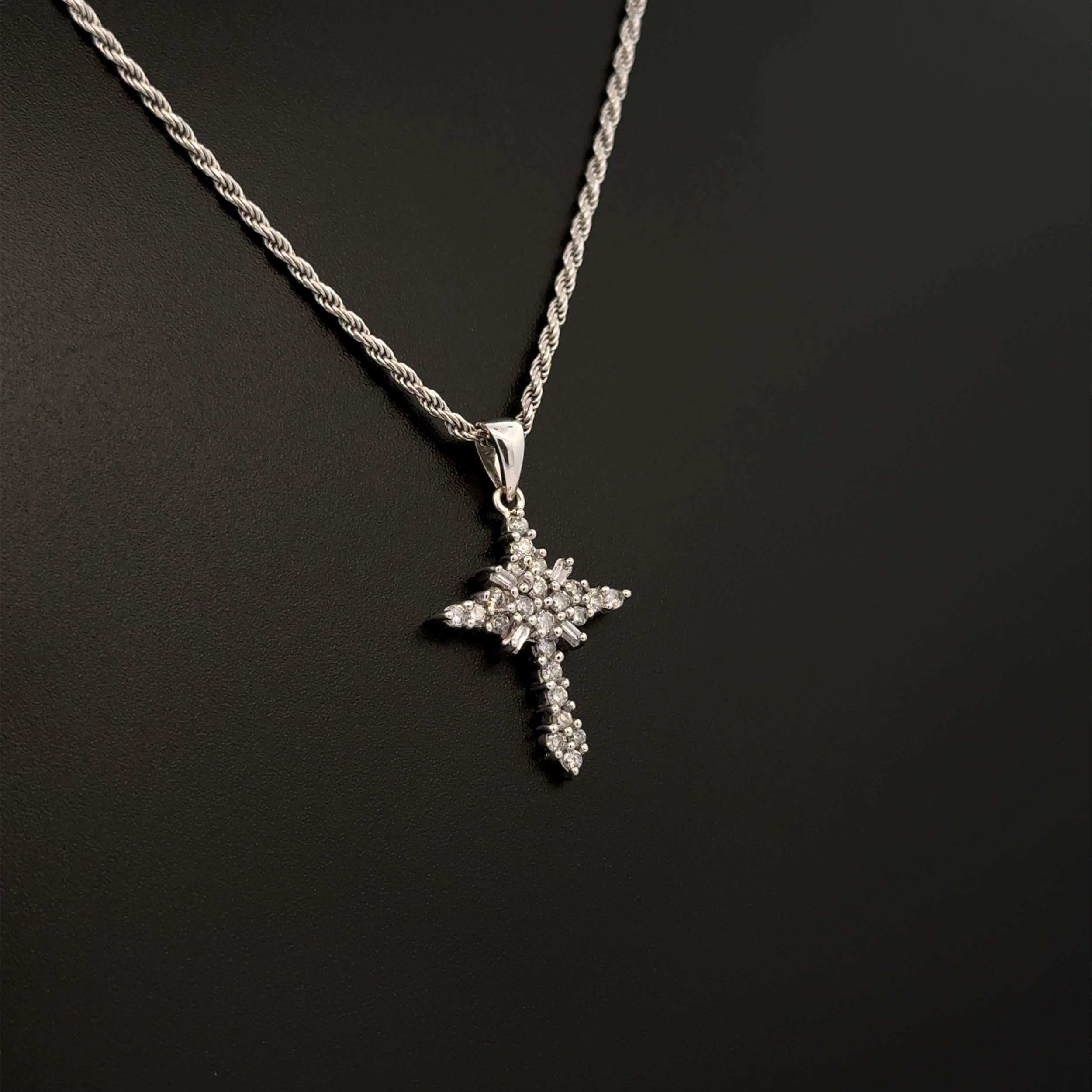 14K WG .35tcw Baguette & RBC Diamond Cross Necklace 5.6g, 18"