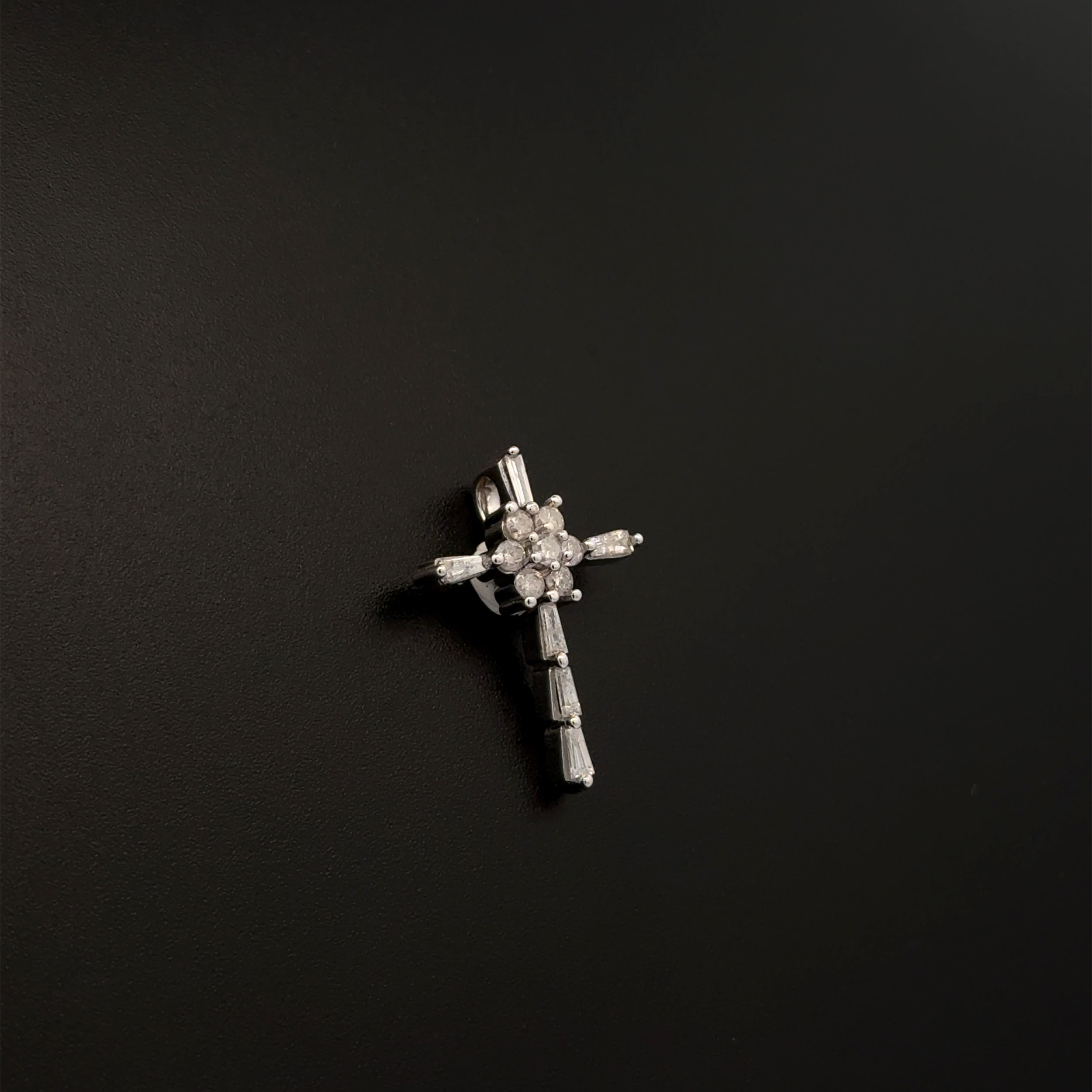 10K WG .40tcw Baguette & RBC Diamond Cross Pendant 1.6g