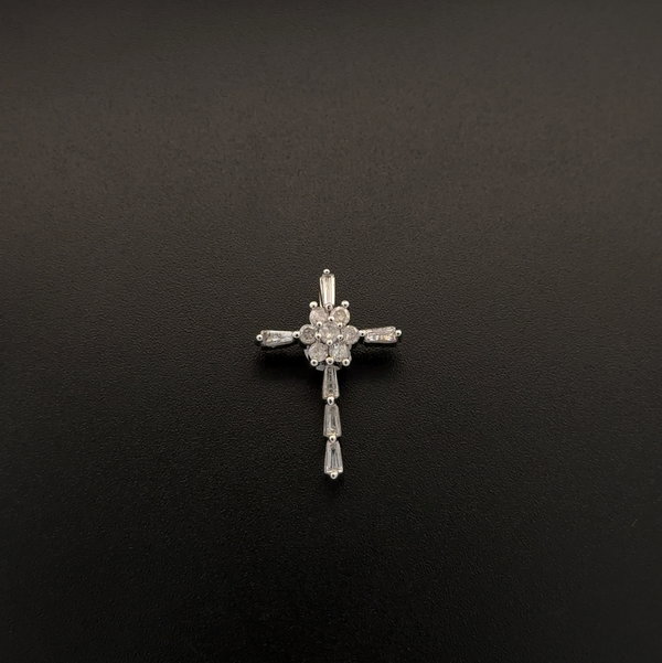 Closeup photo of 10K WG .40tcw Baguette & RBC Diamond Cross Pendant 1.6g