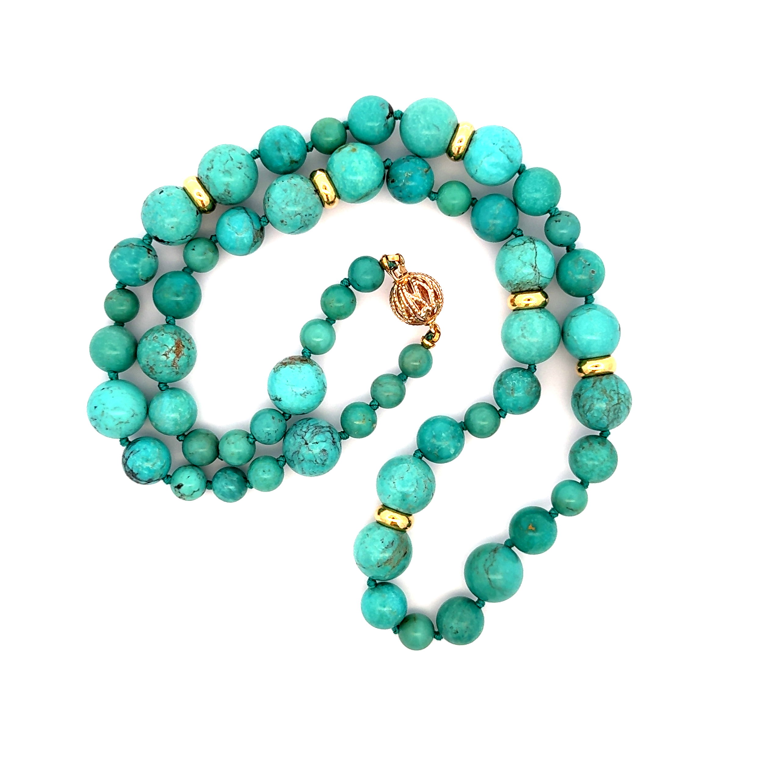 14K YG 10.0-6.0mm Turquoise & Rhondel Bead Necklace 41.9g, 19.5"